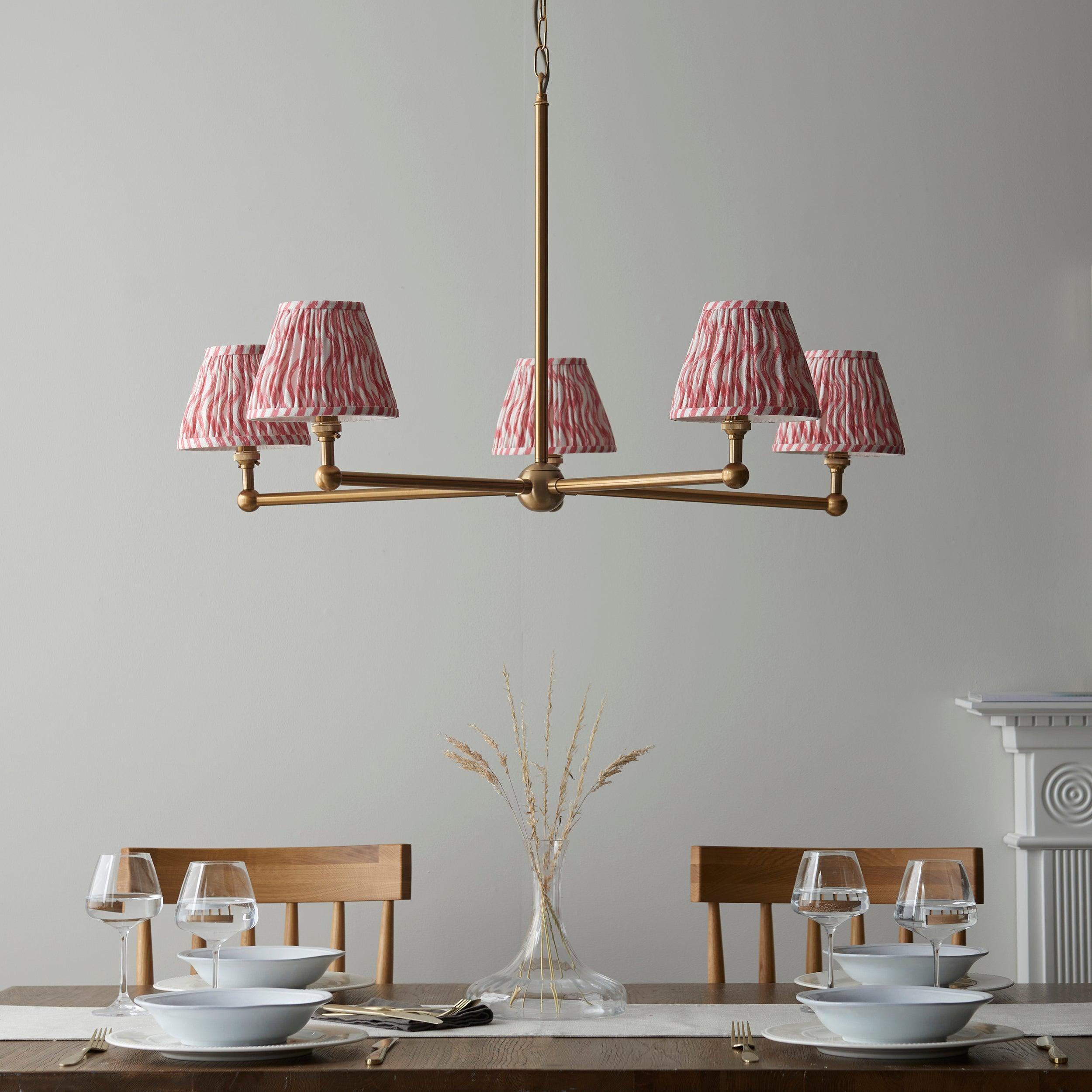 Santiago Brass 5 Light Pendant Ceiling Light With Pink Ripple 16cm Shades