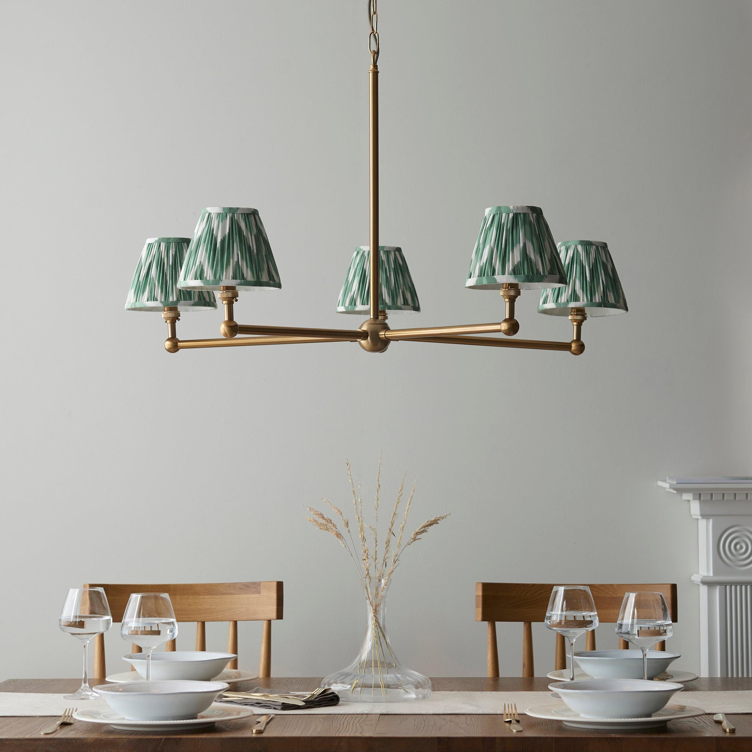 Santiago Brass 5 Light Pendant Ceiling Light With Green Zigzag 16cm Shades