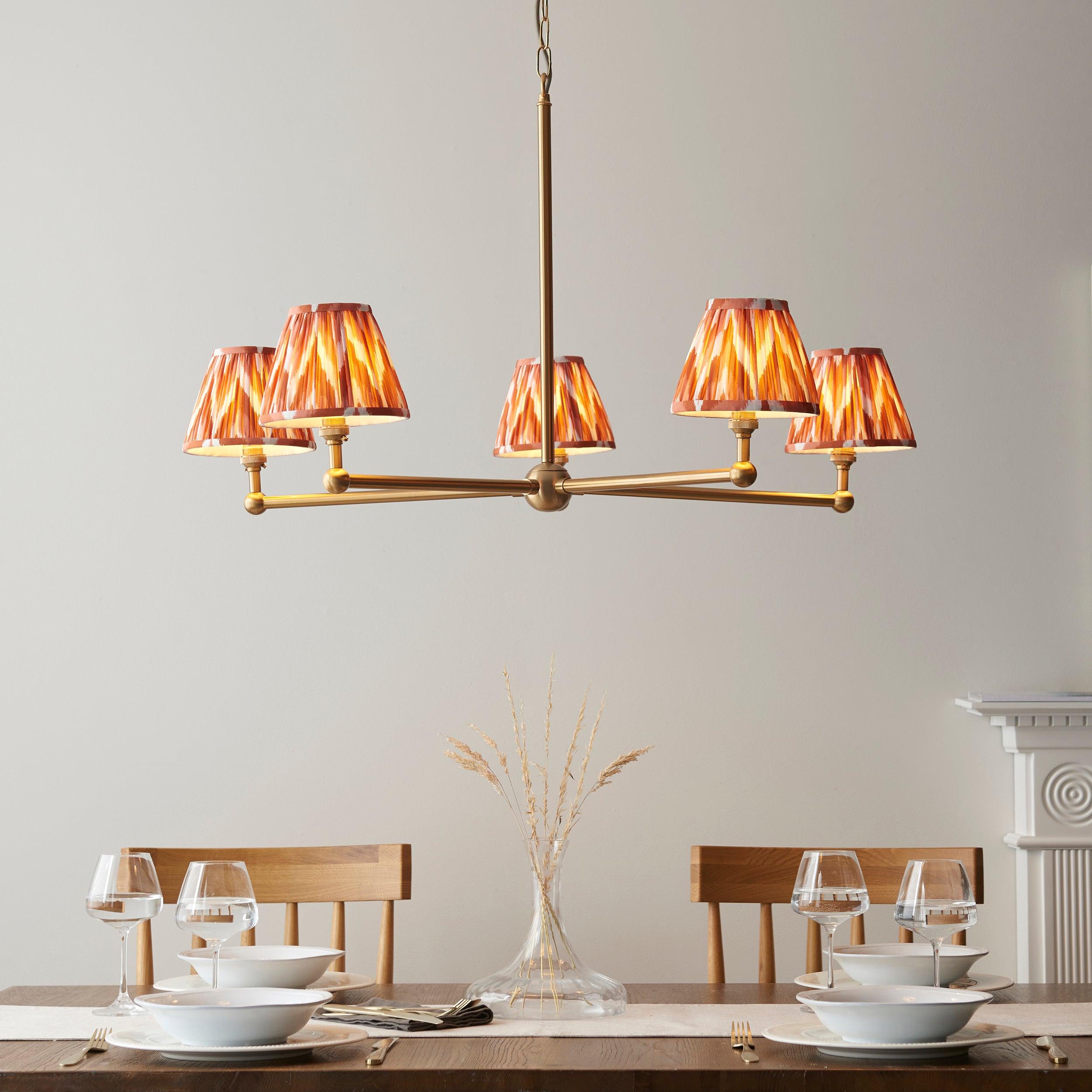 Santiago Brass 5 Light Pendant Ceiling Light With Orange Zigzag 16cm Shades