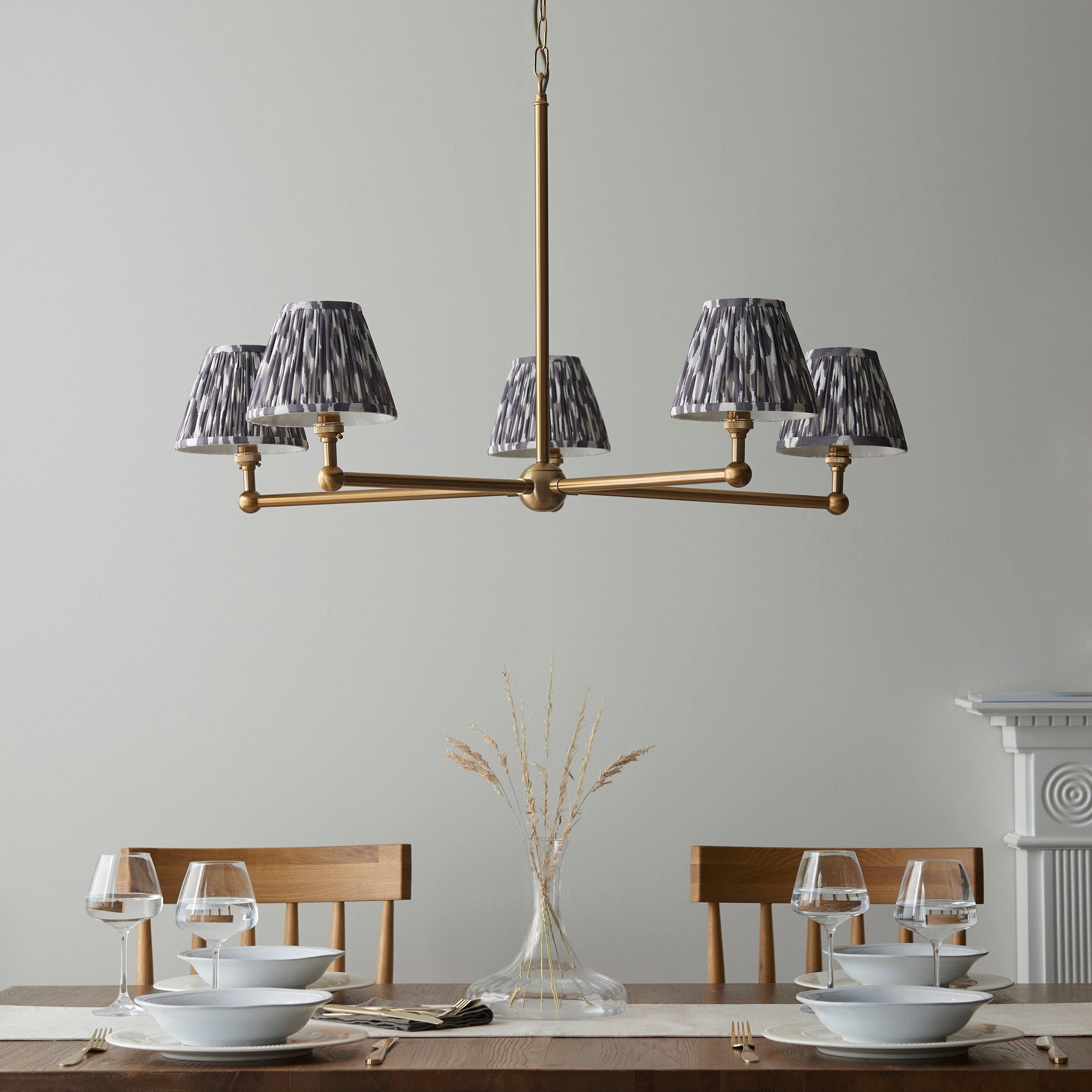 Santiago Brass 5 Light Pendant Ceiling Light With Grey Ikat 16cm Shades