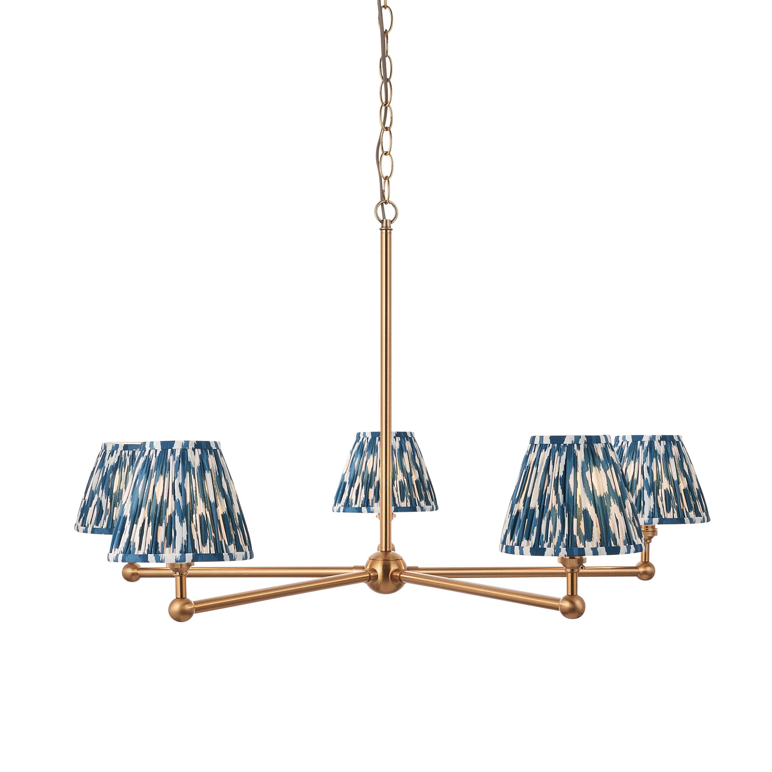 Santiago Brass 5 Light Pendant Ceiling Light With Blue Ikat 16cm Shades