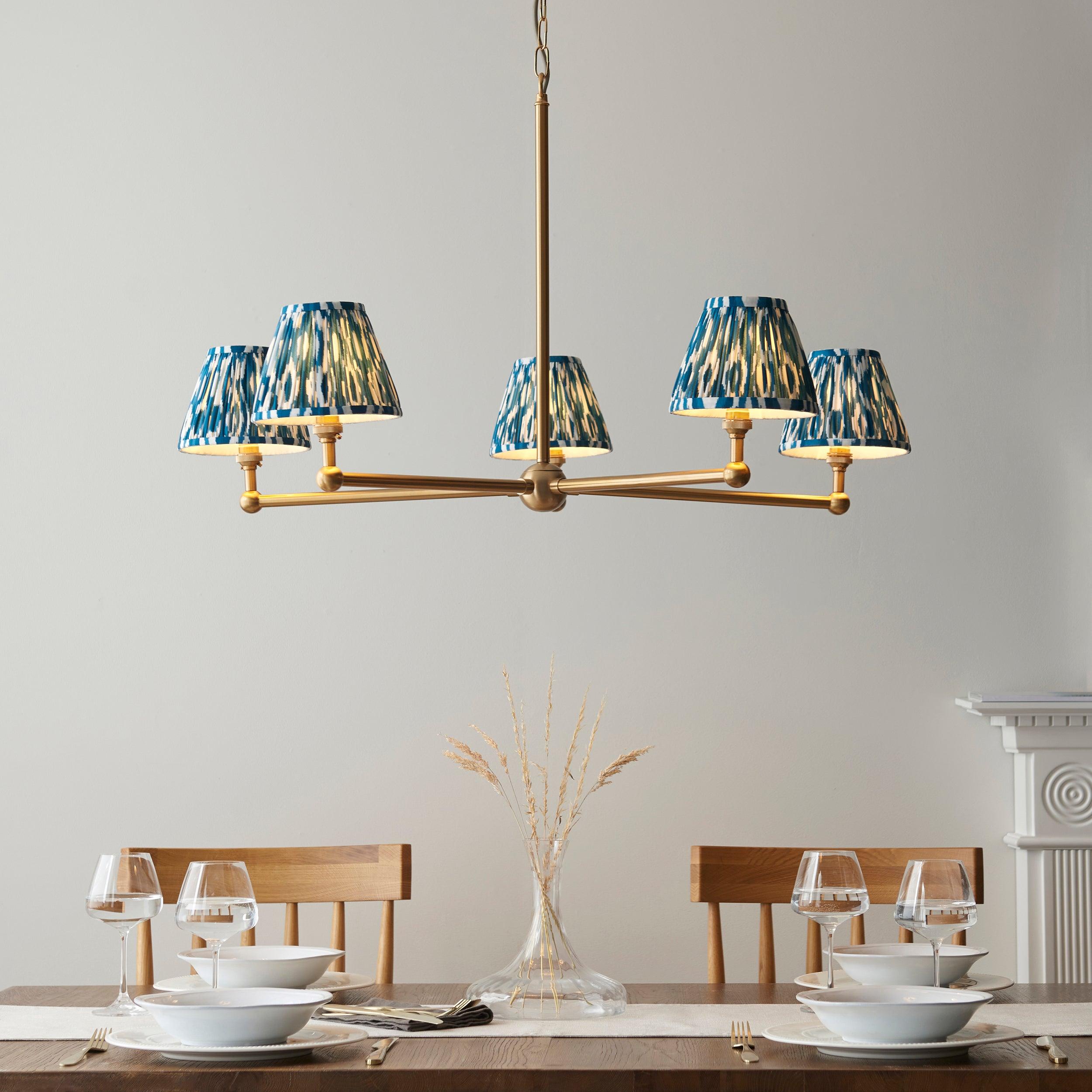 Santiago Brass 5 Light Pendant Ceiling Light With Blue Ikat 16cm Shades
