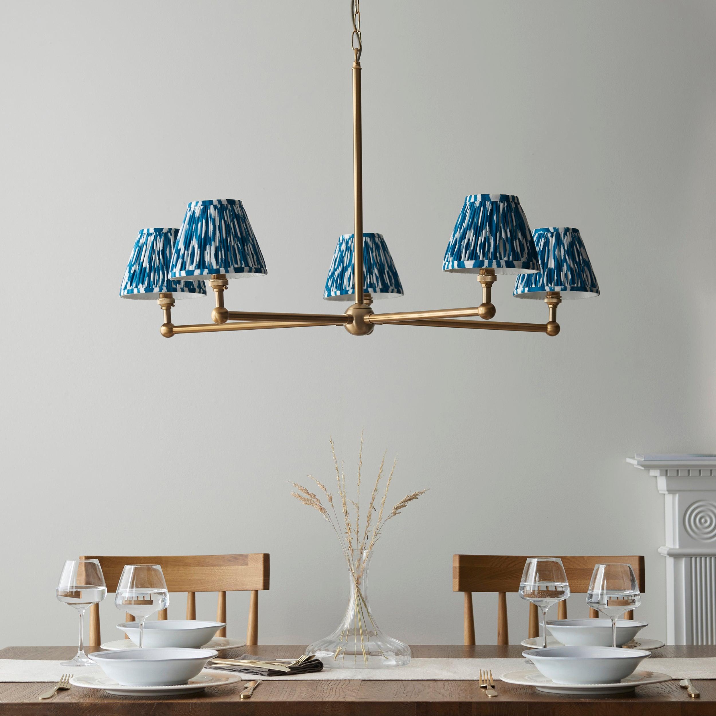 Santiago Brass 5 Light Pendant Ceiling Light With Blue Ikat 16cm Shades