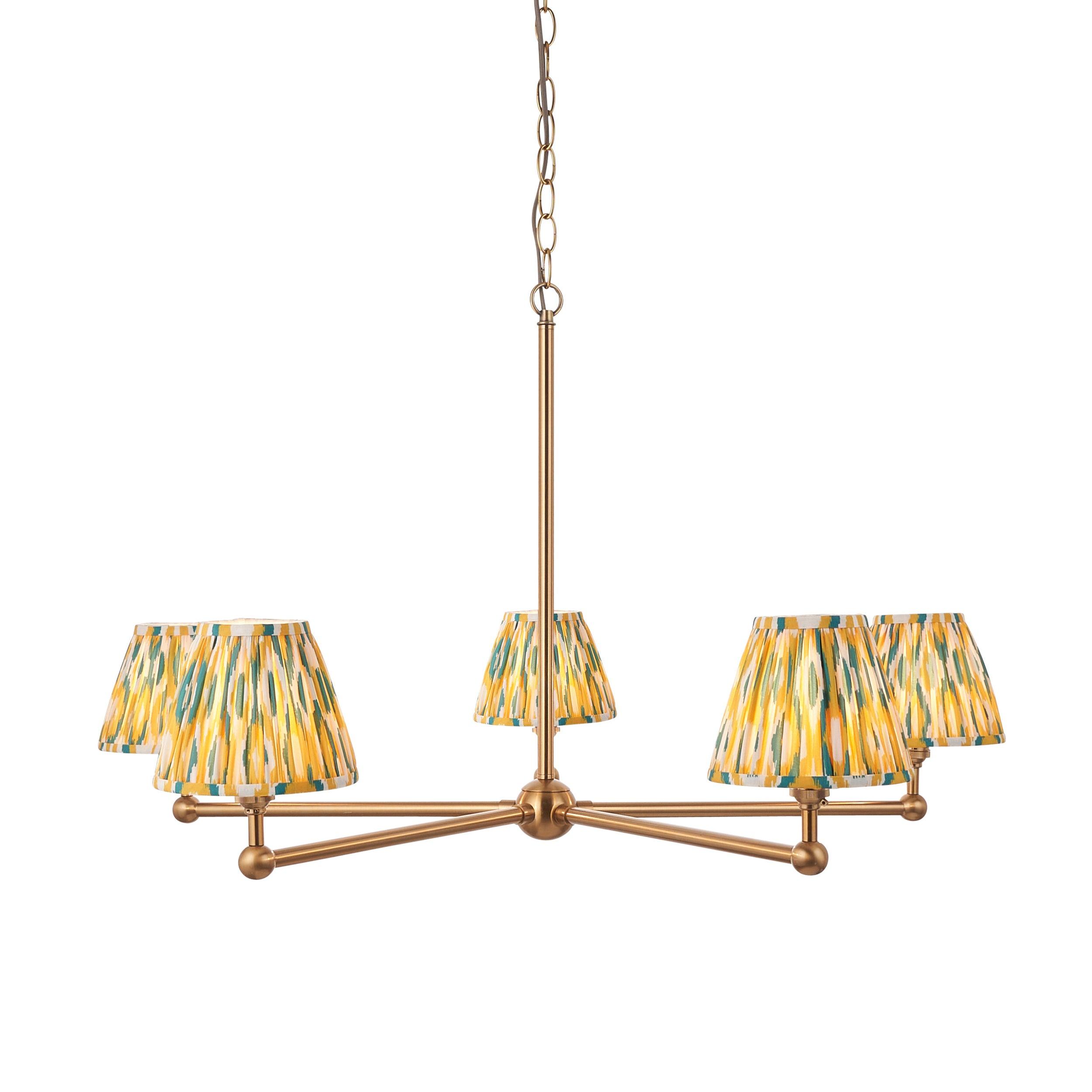 Santiago Brass 5 Light Pendant Ceiling Light With Yellow & Jade Ikat 16cm Shades