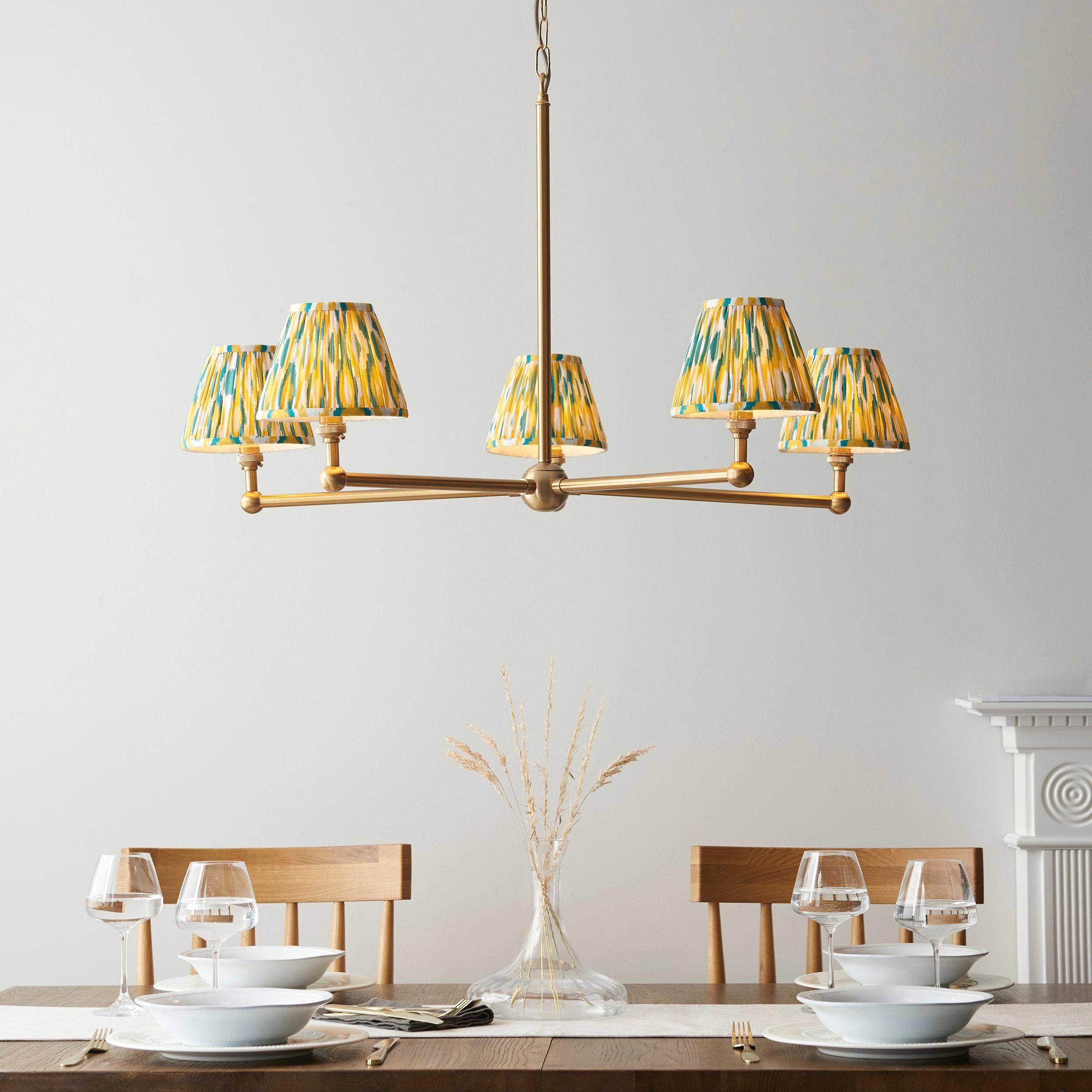 Santiago Brass 5 Light Pendant Ceiling Light With Yellow & Jade Ikat 16cm Shades