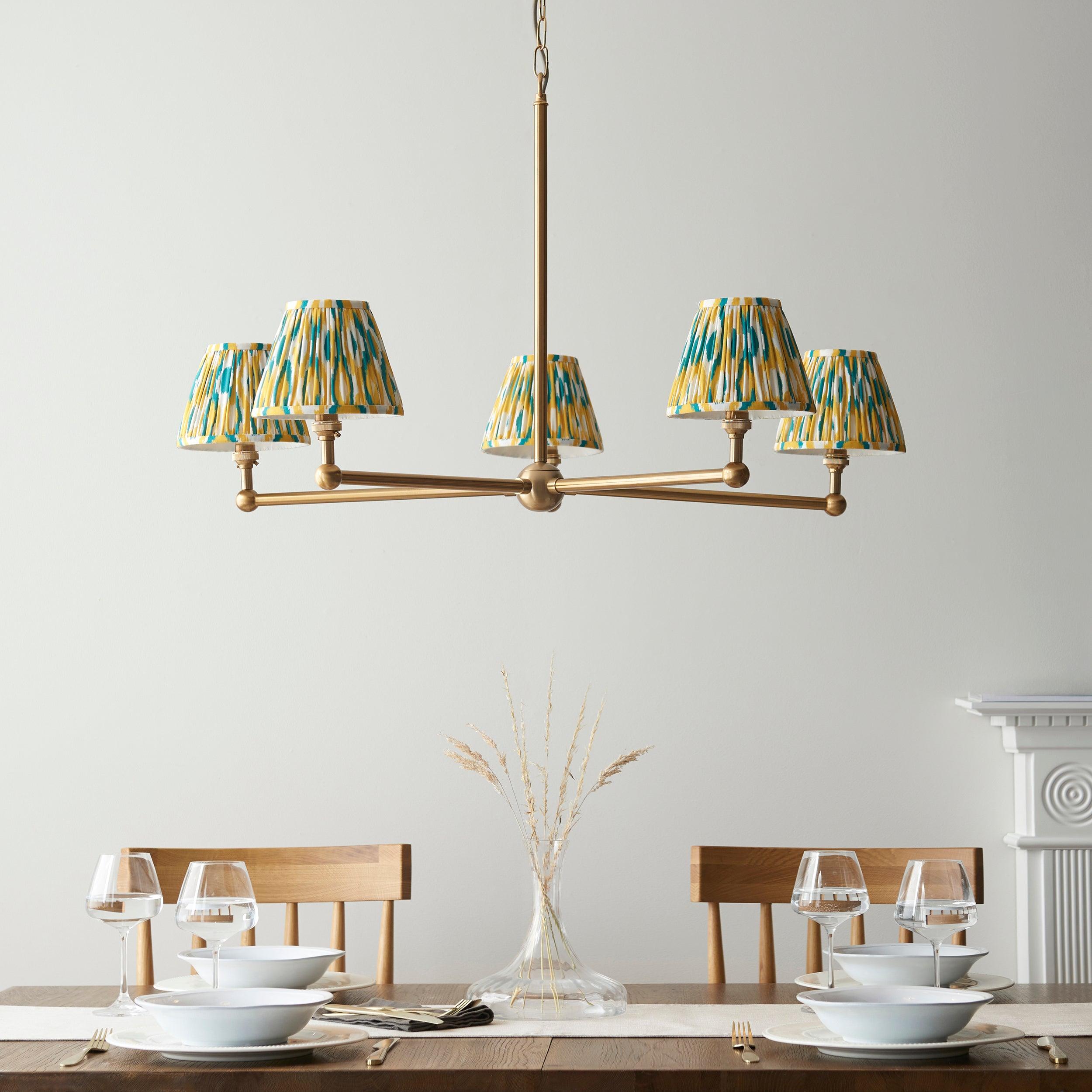 Santiago Brass 5 Light Pendant Ceiling Light With Yellow & Jade Ikat 16cm Shades
