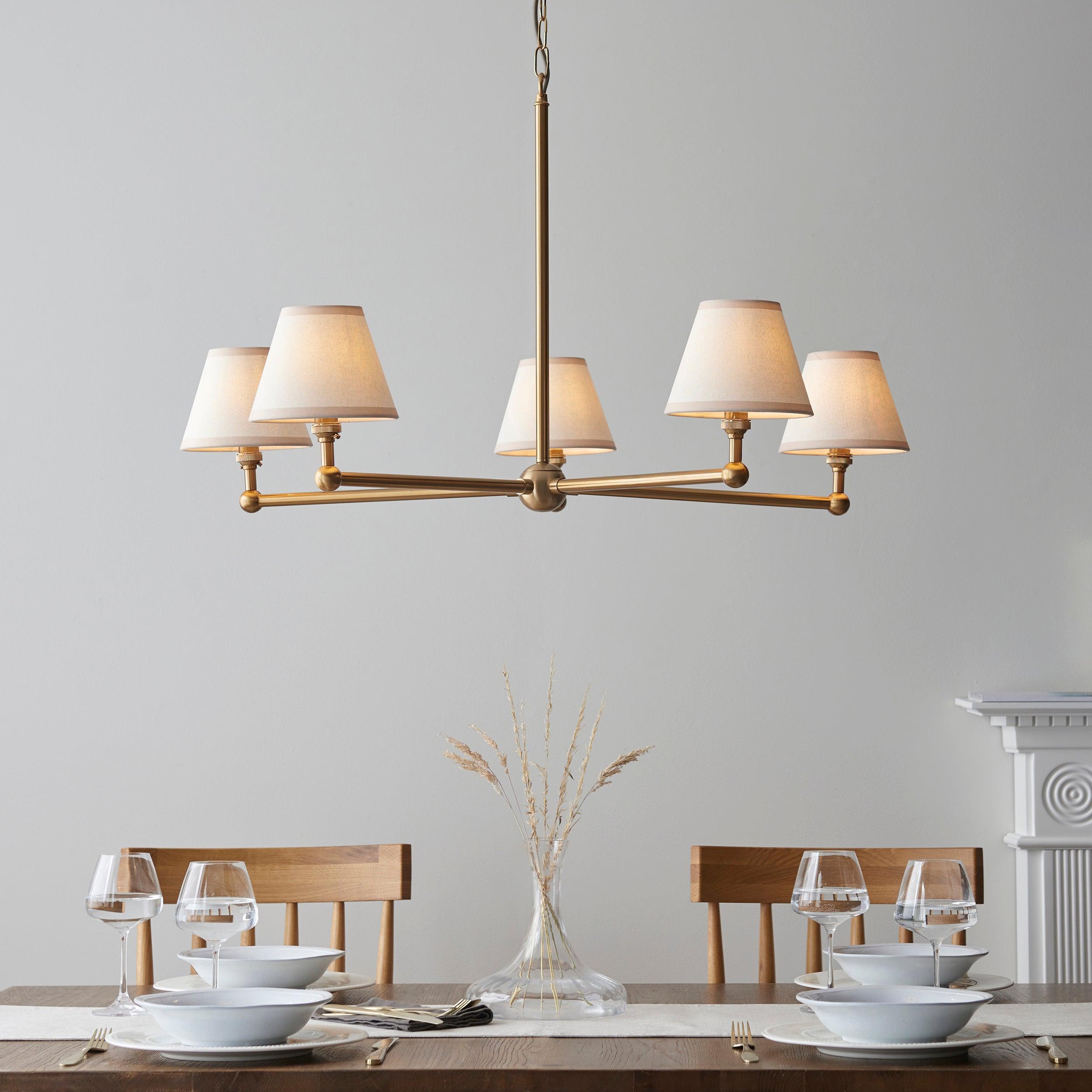 Santiago Brass 5 Light Pendant Ceiling Light With Ivy White 16cm Shades