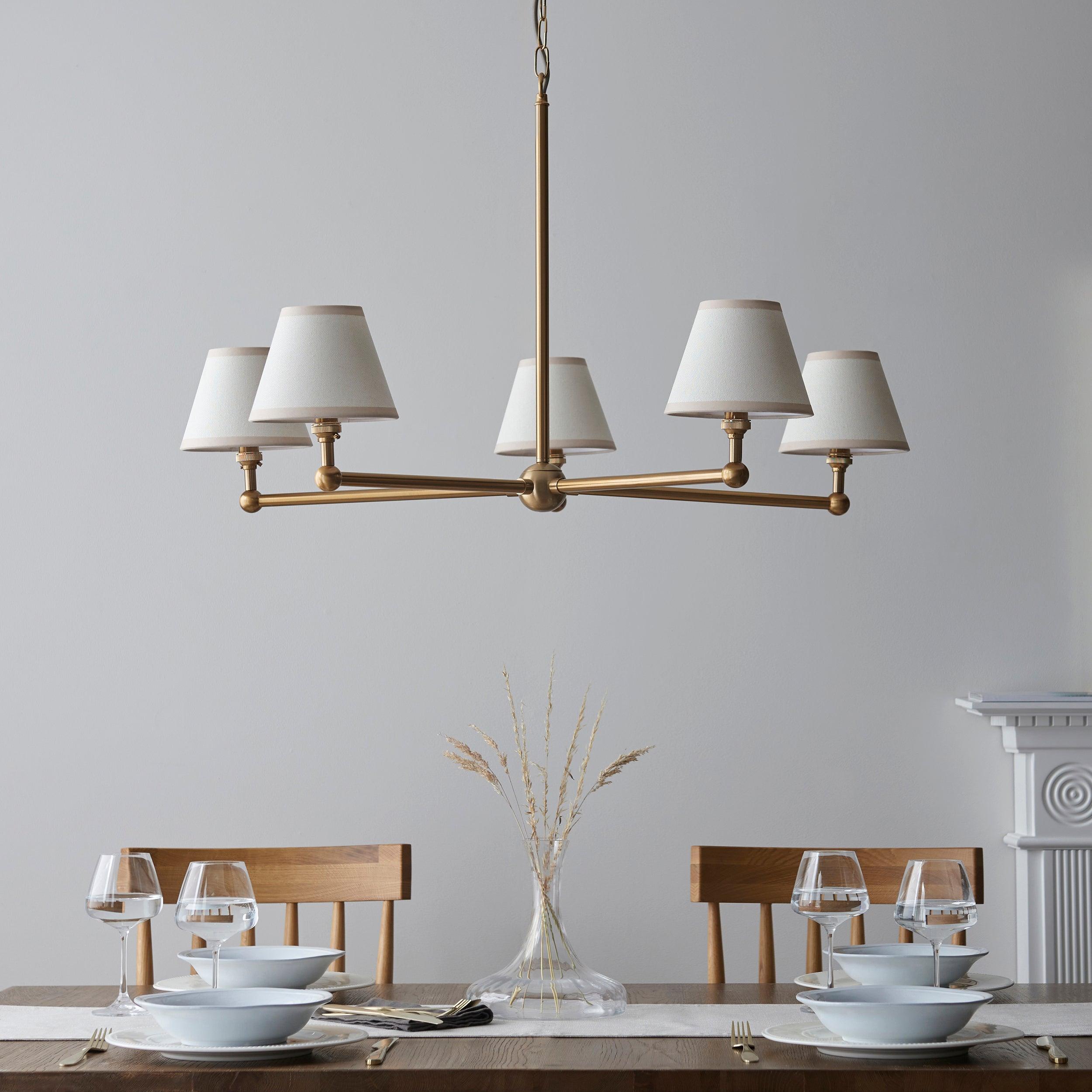 Santiago Brass 5 Light Pendant Ceiling Light With Ivy White 16cm Shades