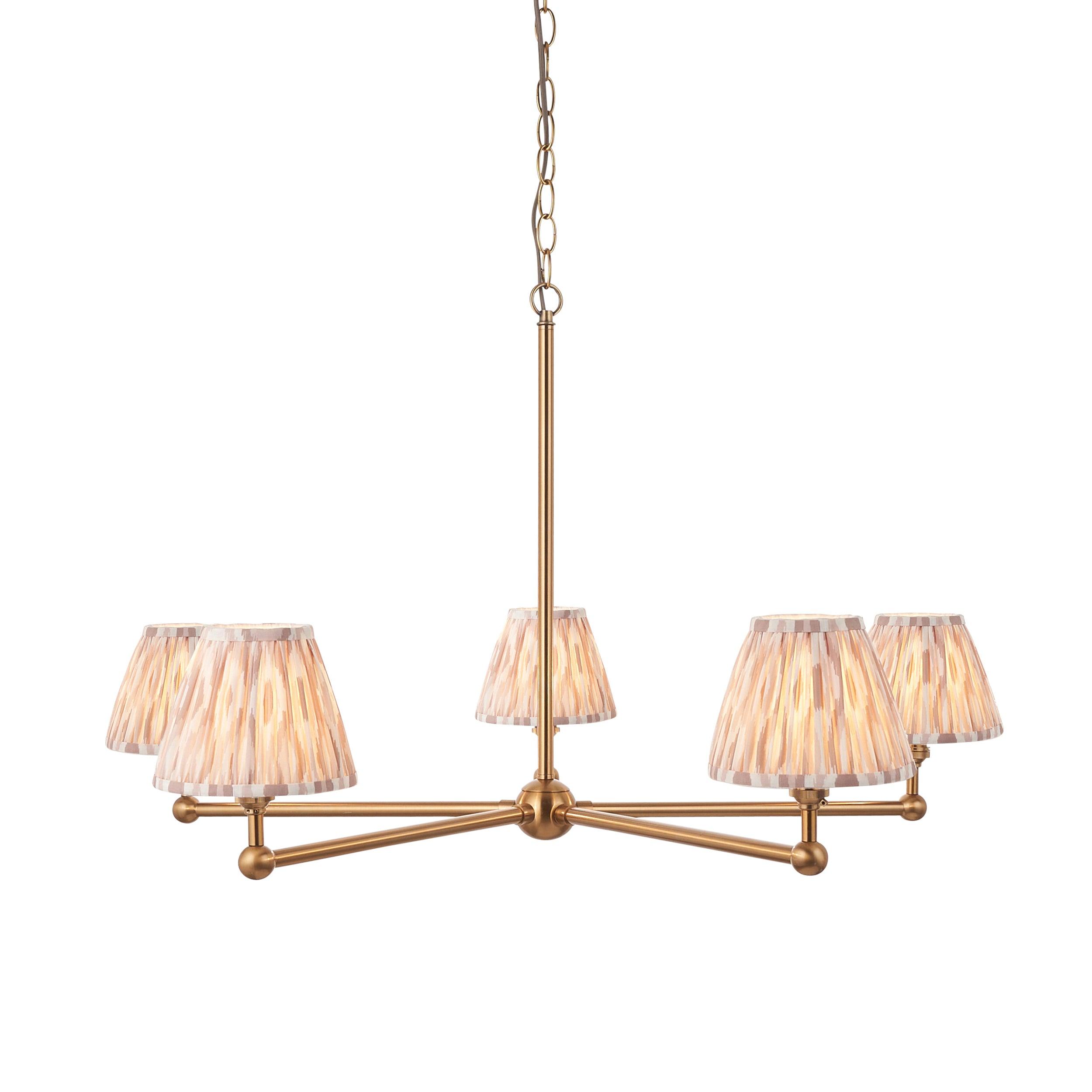 Santiago Brass 5 Light Pendant Ceiling Light With Neutral Ikat 16cm Shades