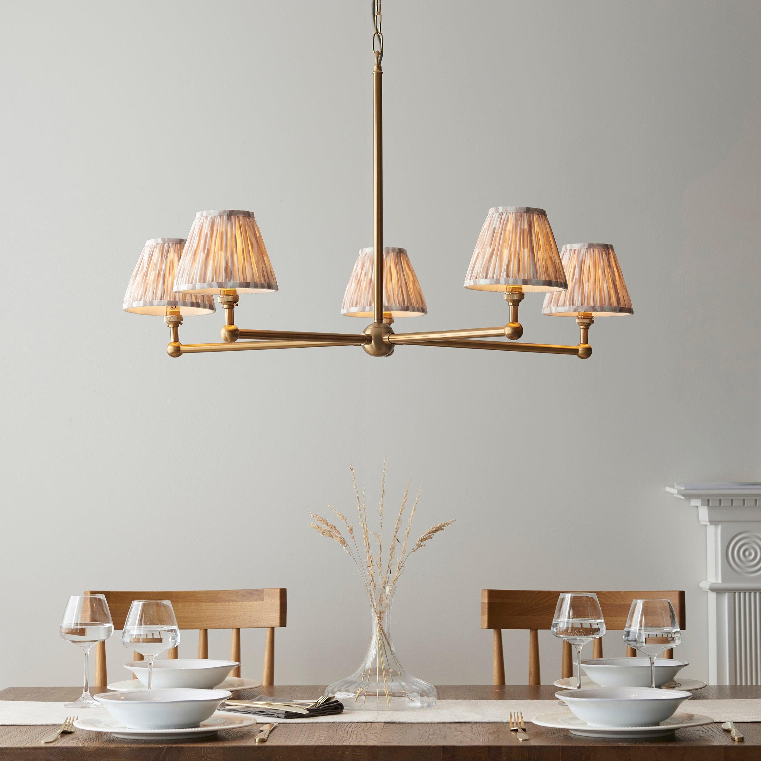 Santiago Brass 5 Light Pendant Ceiling Light With Neutral Ikat 16cm Shades