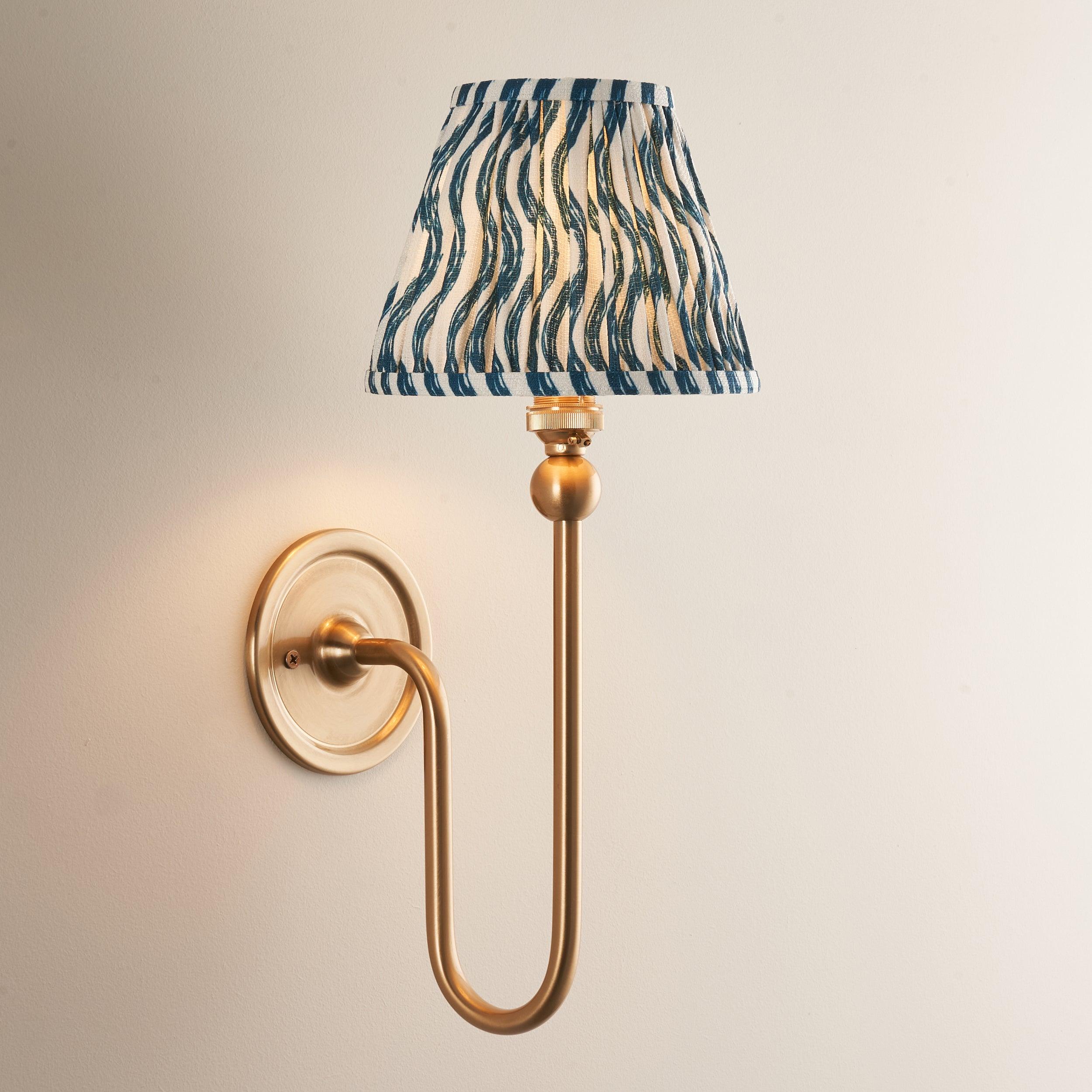 Santiago Long Line Brass Wall Light With Blue Ripple 16cm Shade