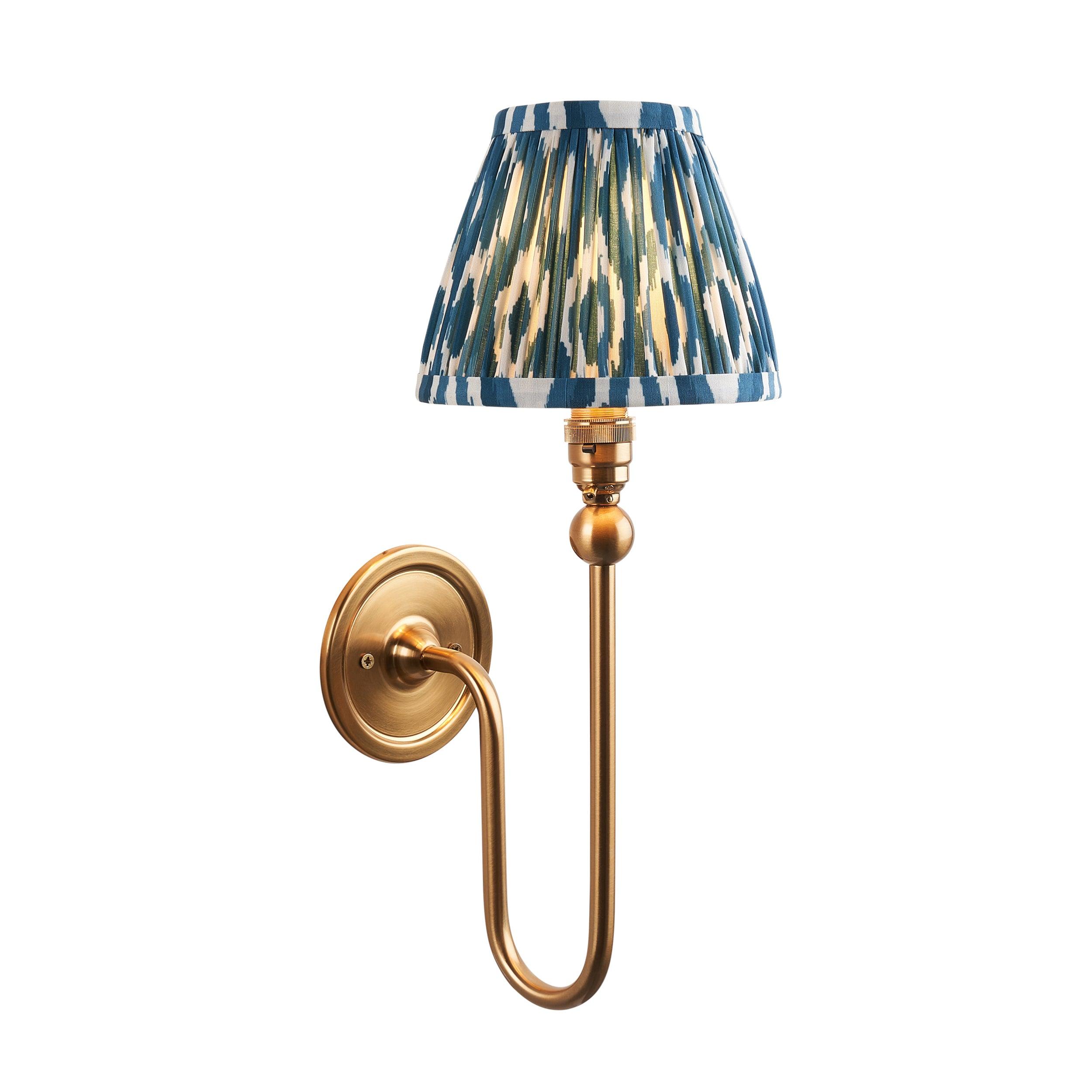 Santiago Long Line Brass Wall Light With Blue Ikat 16cm Shade