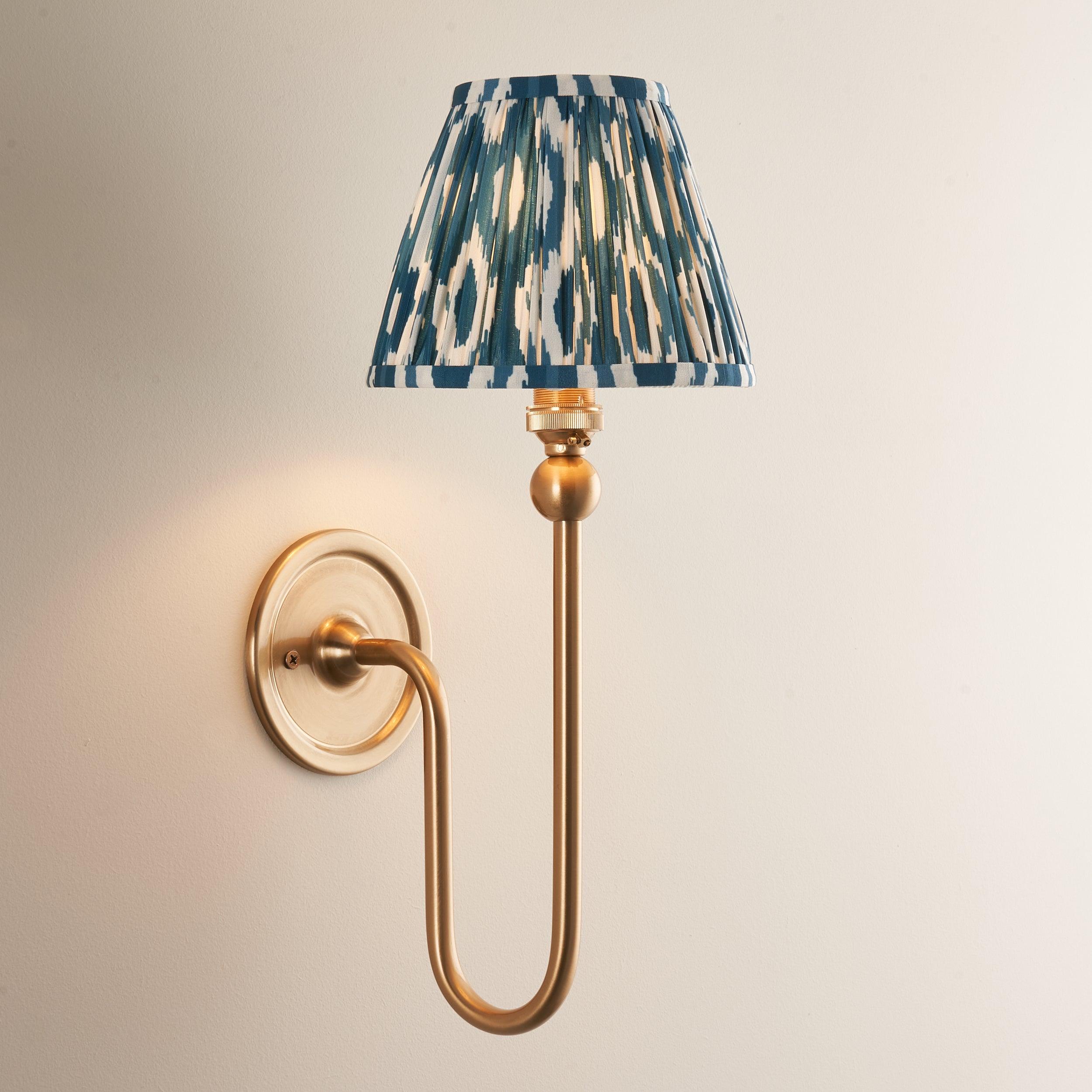 Santiago Long Line Brass Wall Light With Blue Ikat 16cm Shade