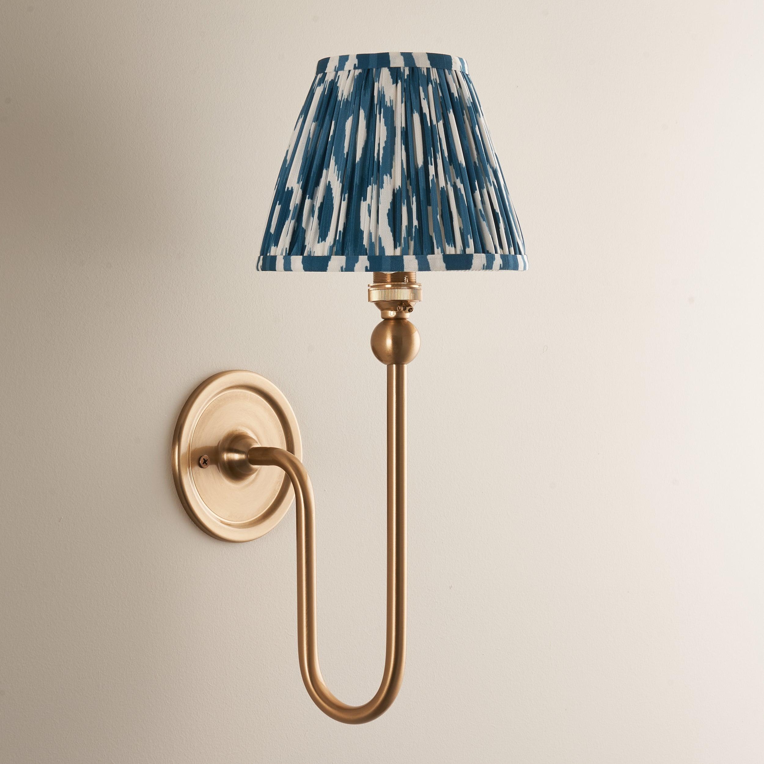 Santiago Long Line Brass Wall Light With Blue Ikat 16cm Shade