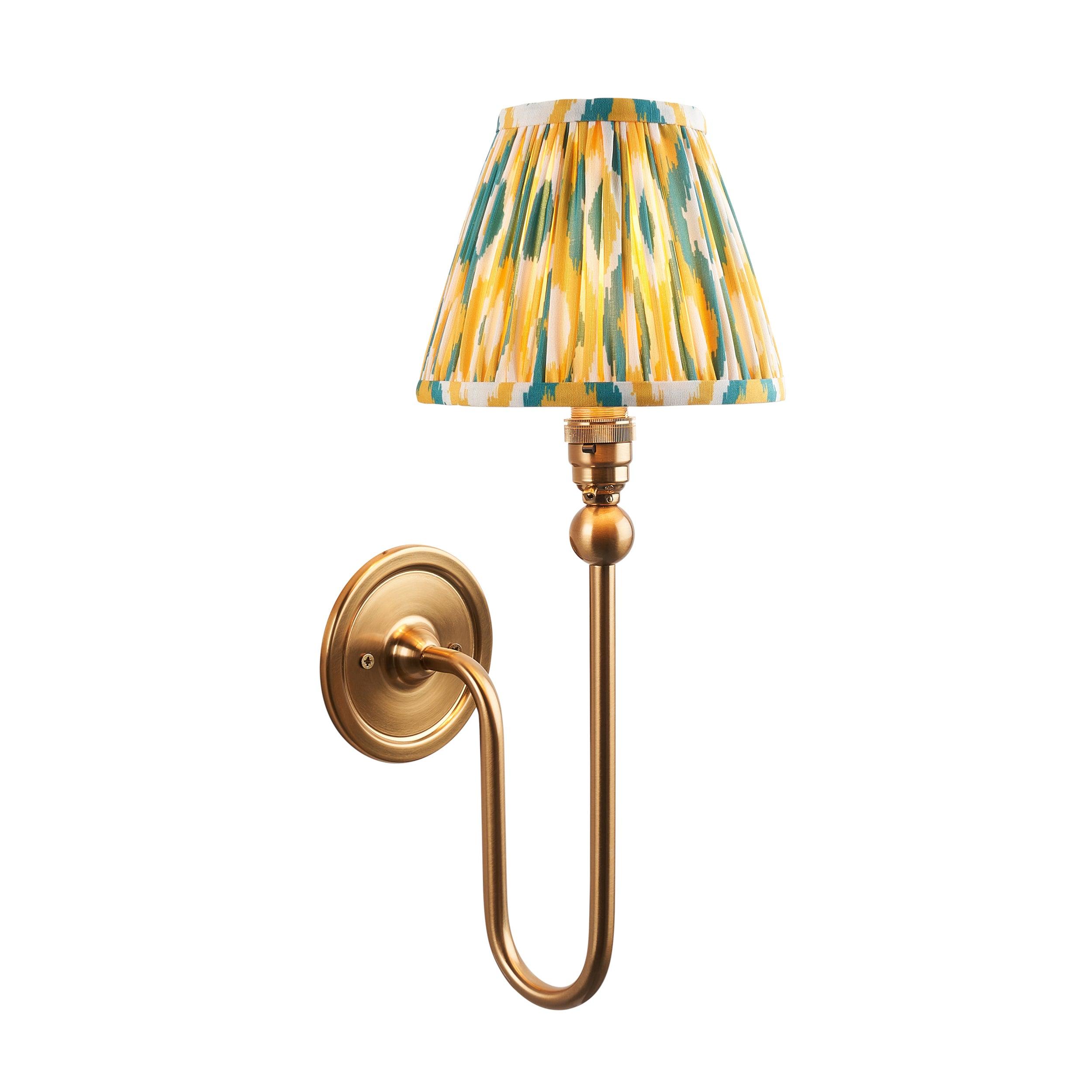 Santiago Long Line Brass Wall Light With Yellow & Jade Ikat 16cm Shade