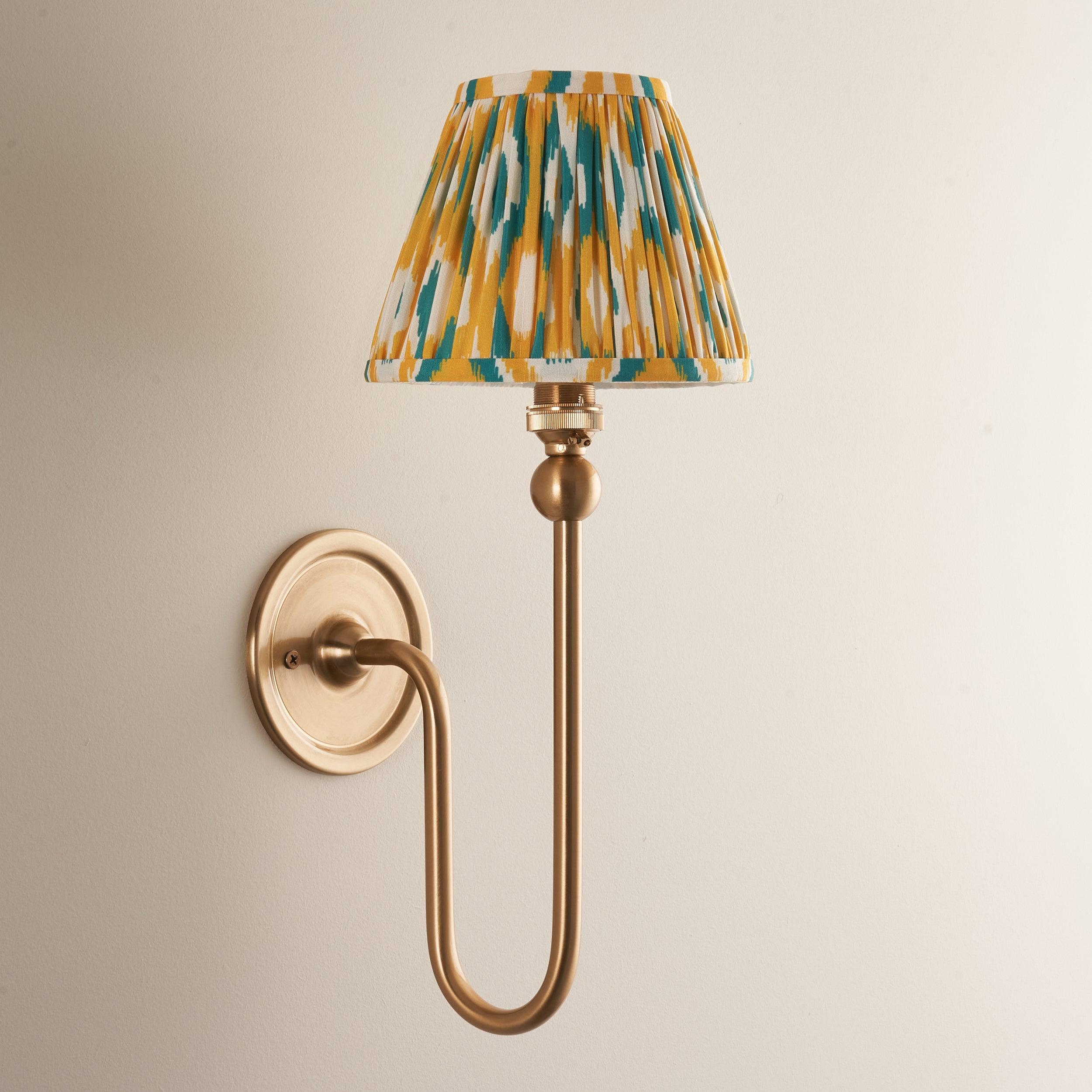 Santiago Long Line Brass Wall Light With Yellow & Jade Ikat 16cm Shade