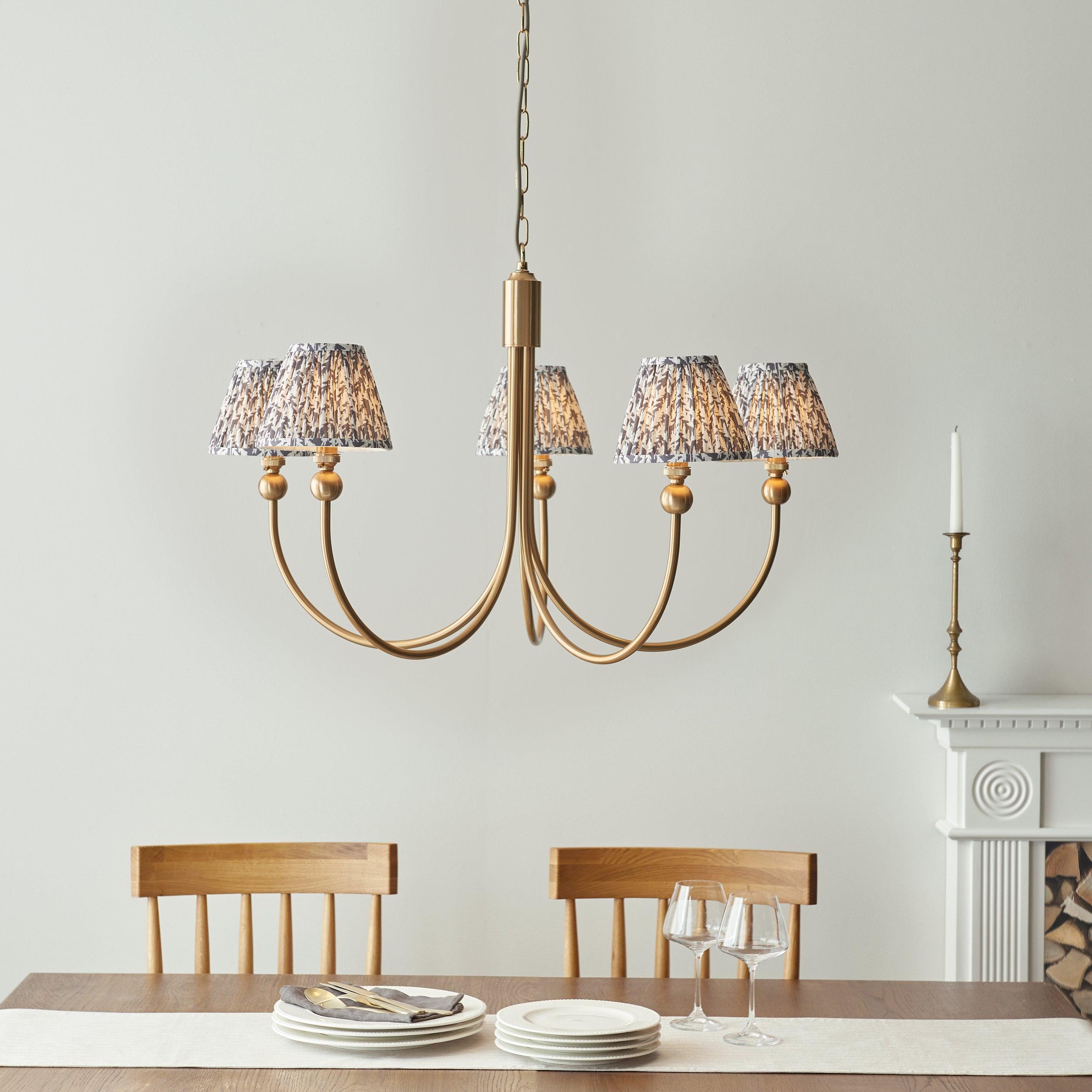 Santiago Brass Chandelier With Grey Leaf 16cm Shades