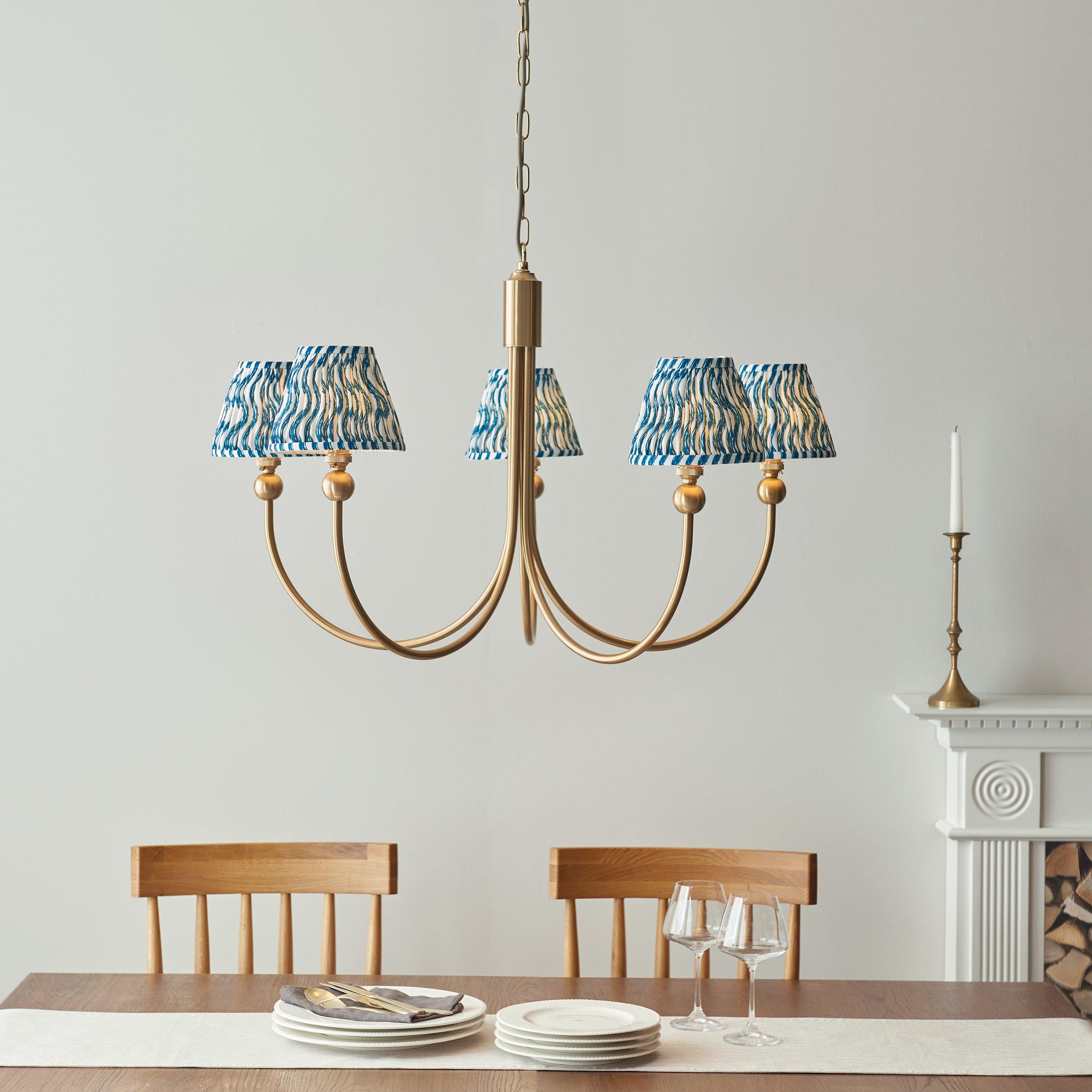 Santiago Brass Chandelier With Blue Ripple 16cm Shades