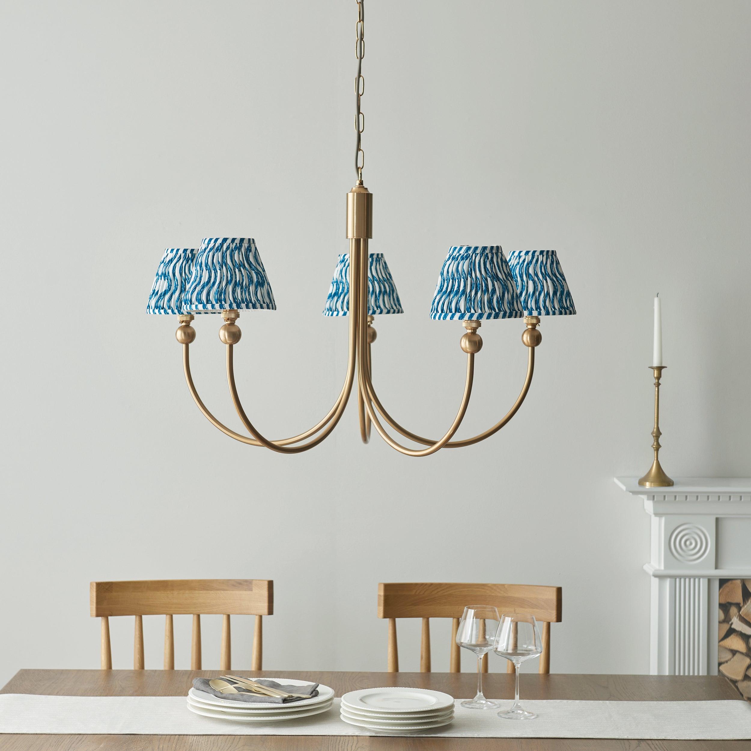 Santiago Brass Chandelier With Blue Ripple 16cm Shades