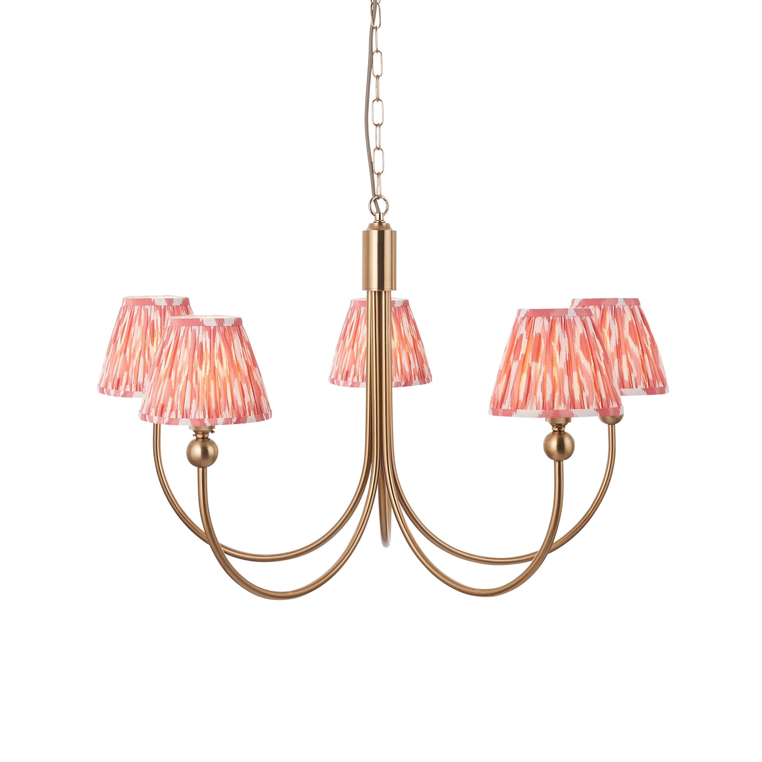Santiago Brass Chandelier With Pink Ikat 16cm Shades