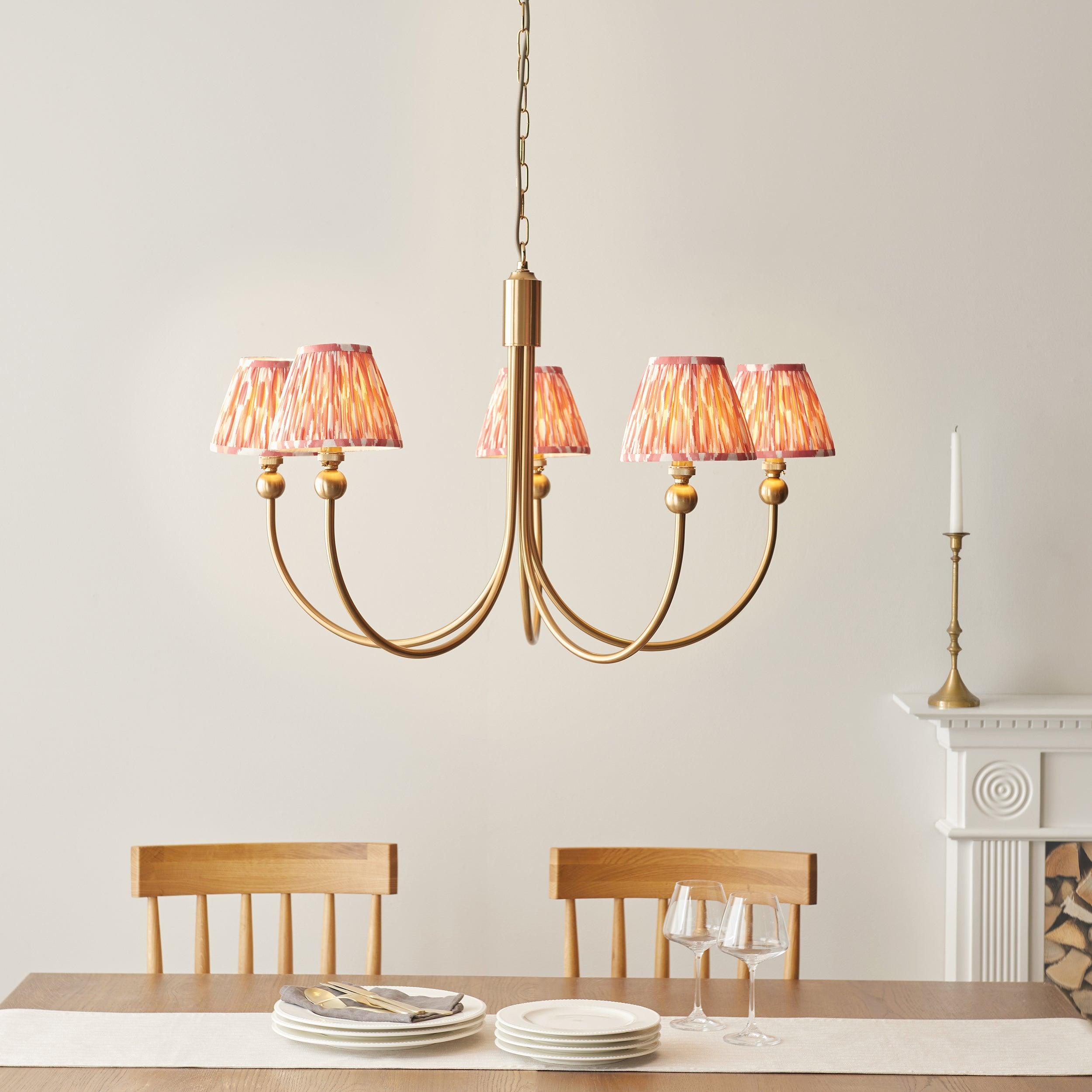 Santiago Brass Chandelier With Pink Ikat 16cm Shades