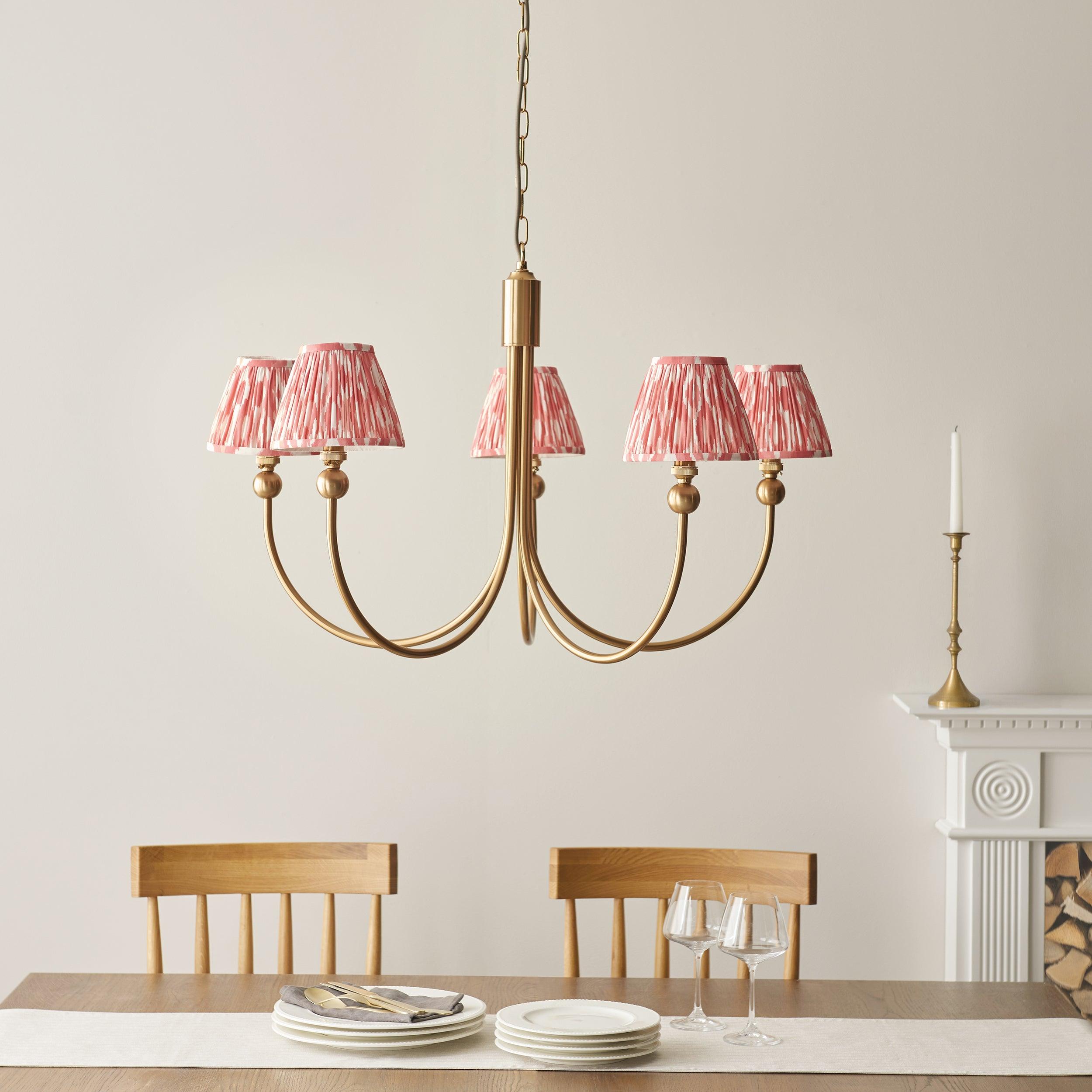 Santiago Brass Chandelier With Pink Ikat 16cm Shades