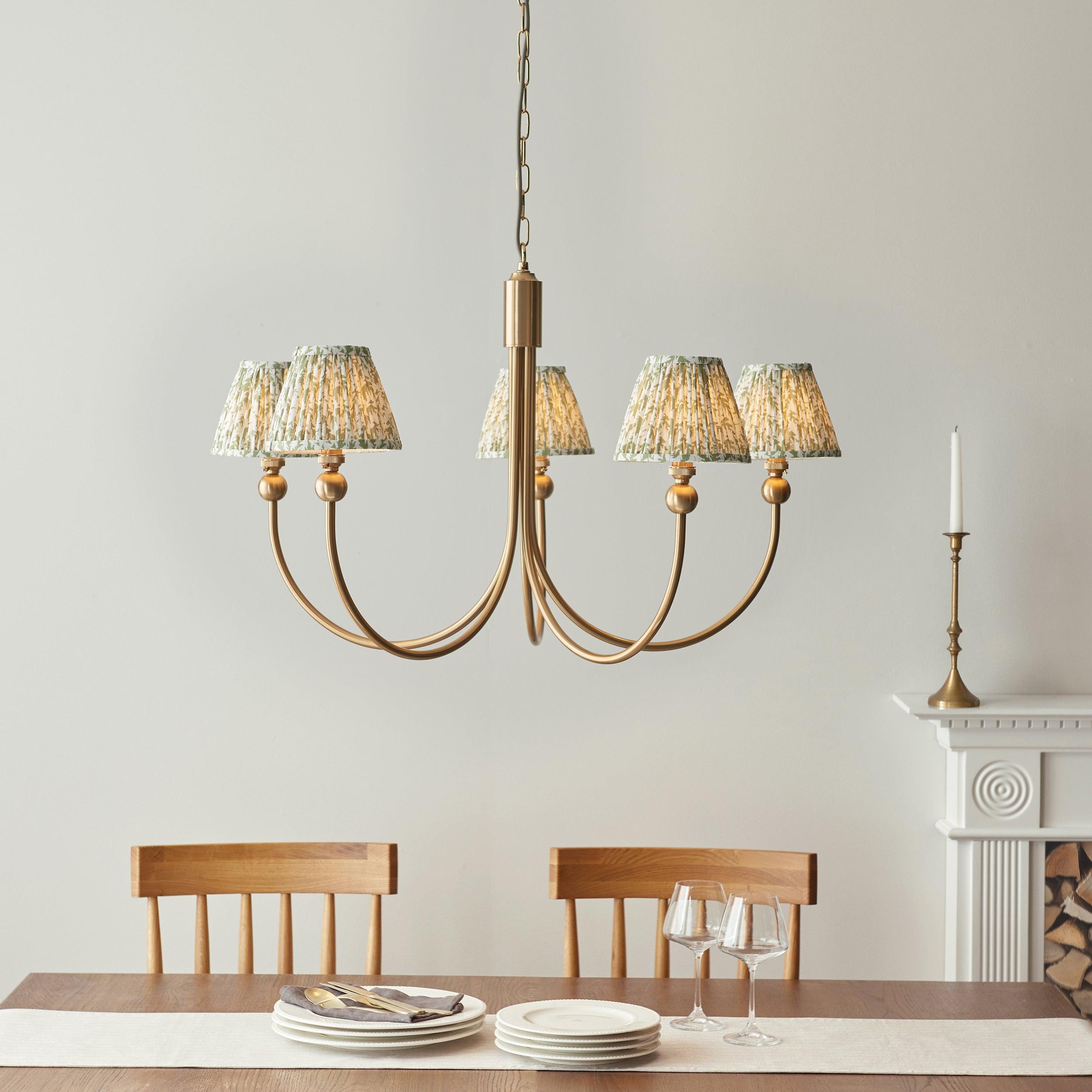 Santiago Brass Chandelier With Green Leaf 16cm Shades