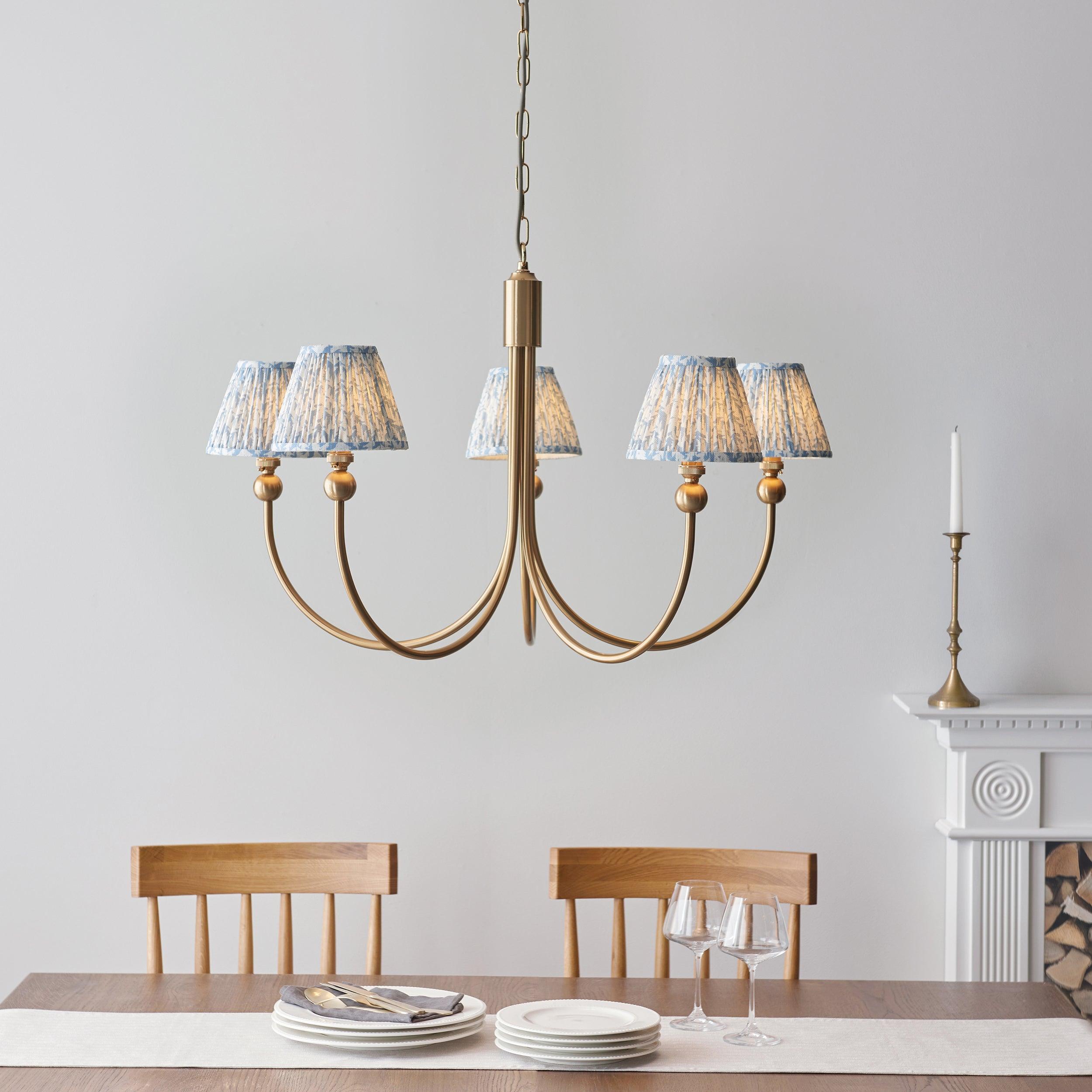 Santiago Brass Chandelier With Blue Leaf 16cm Shades