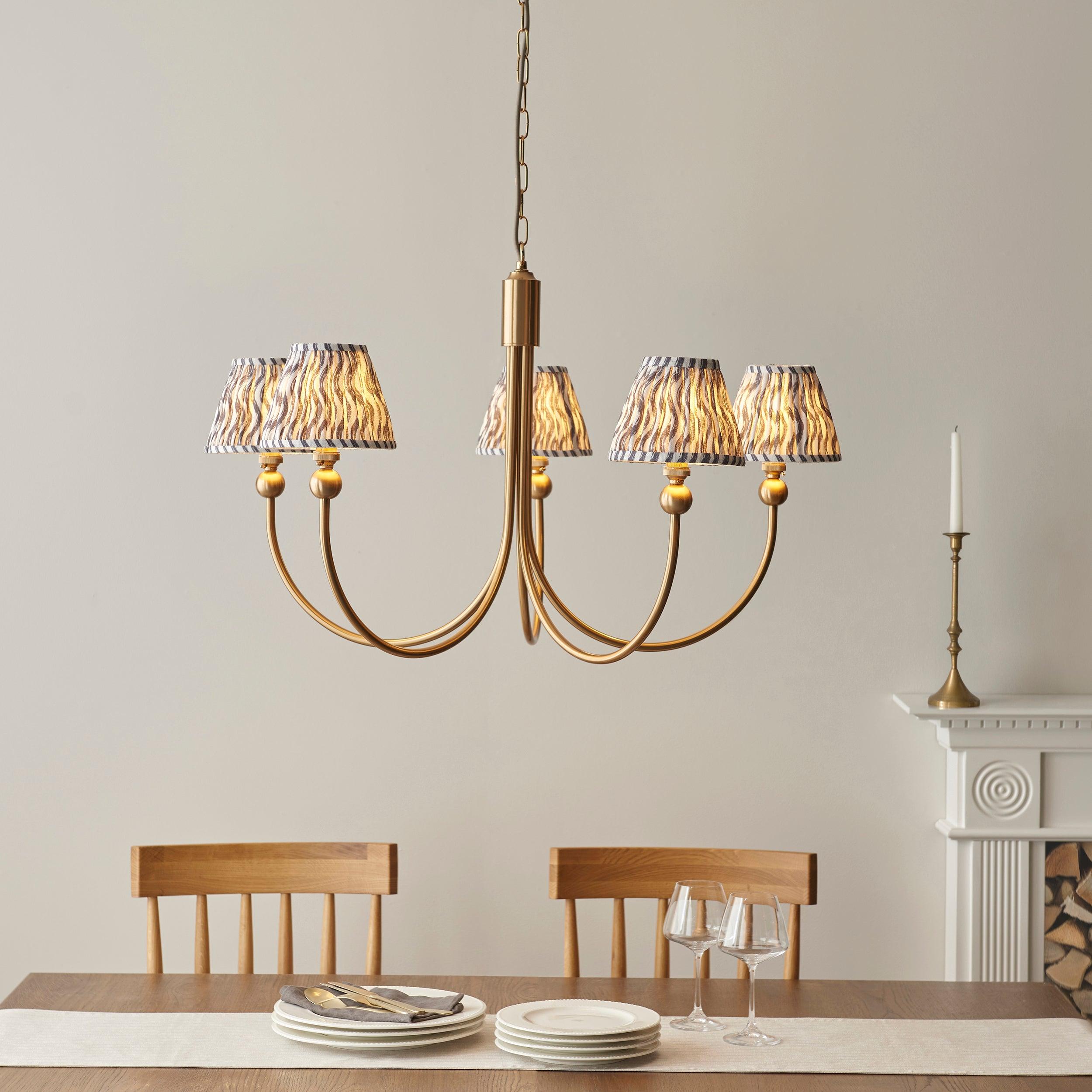 Santiago Brass Chandelier With Grey Ripple 16cm Shades