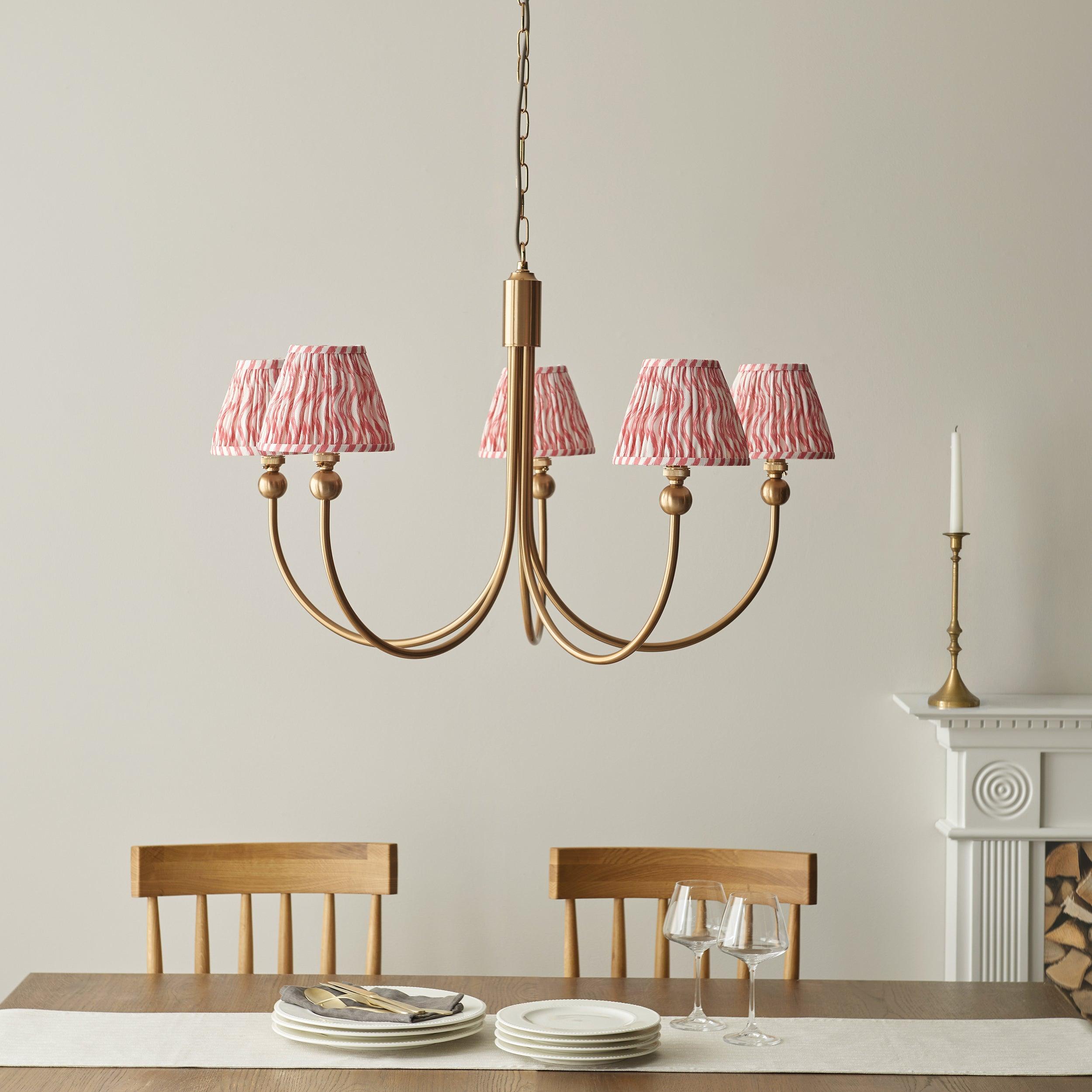 Santiago Brass Chandelier With Pink Ripple 16cm Shades