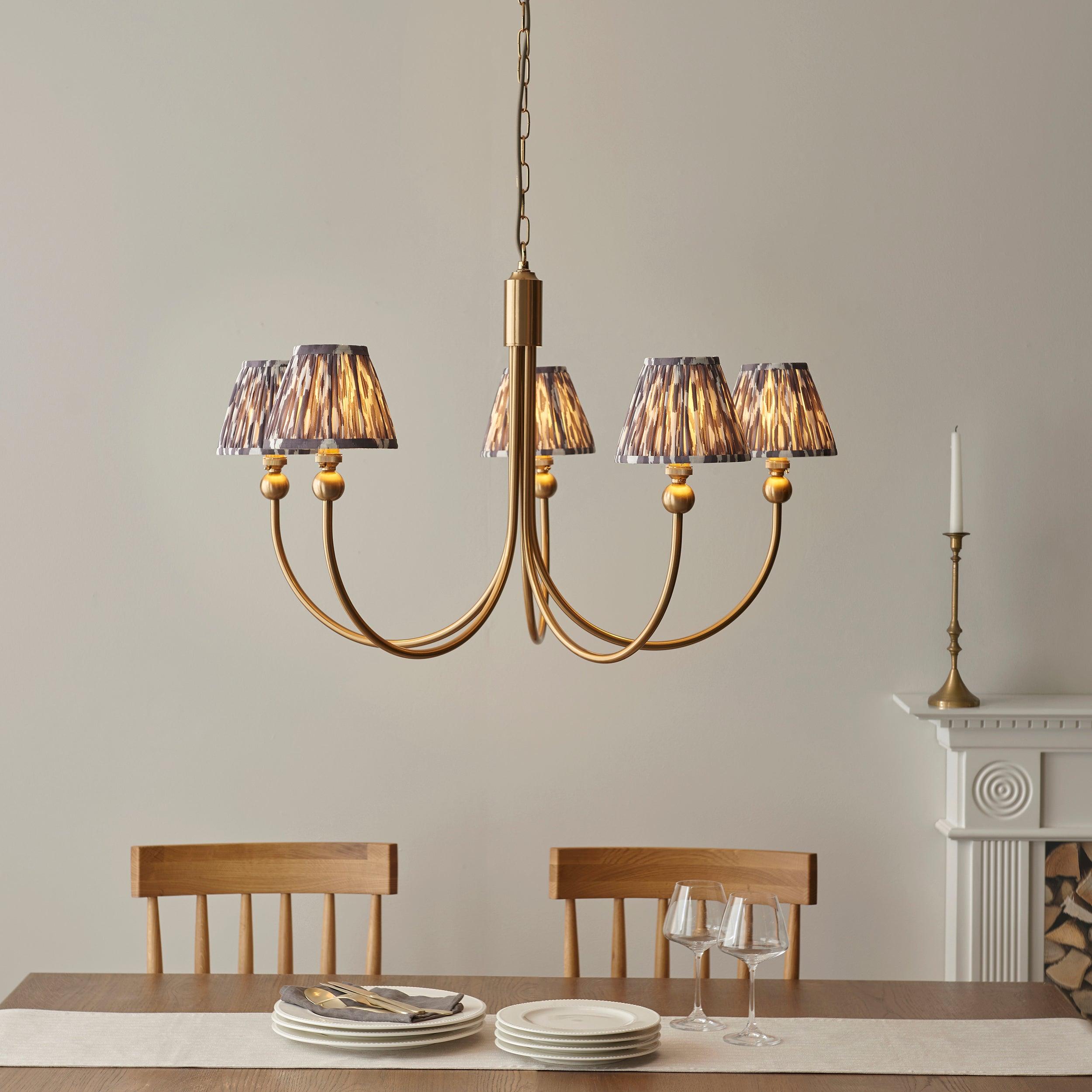 Santiago Brass Chandelier With Grey Ikat 16cm Shades