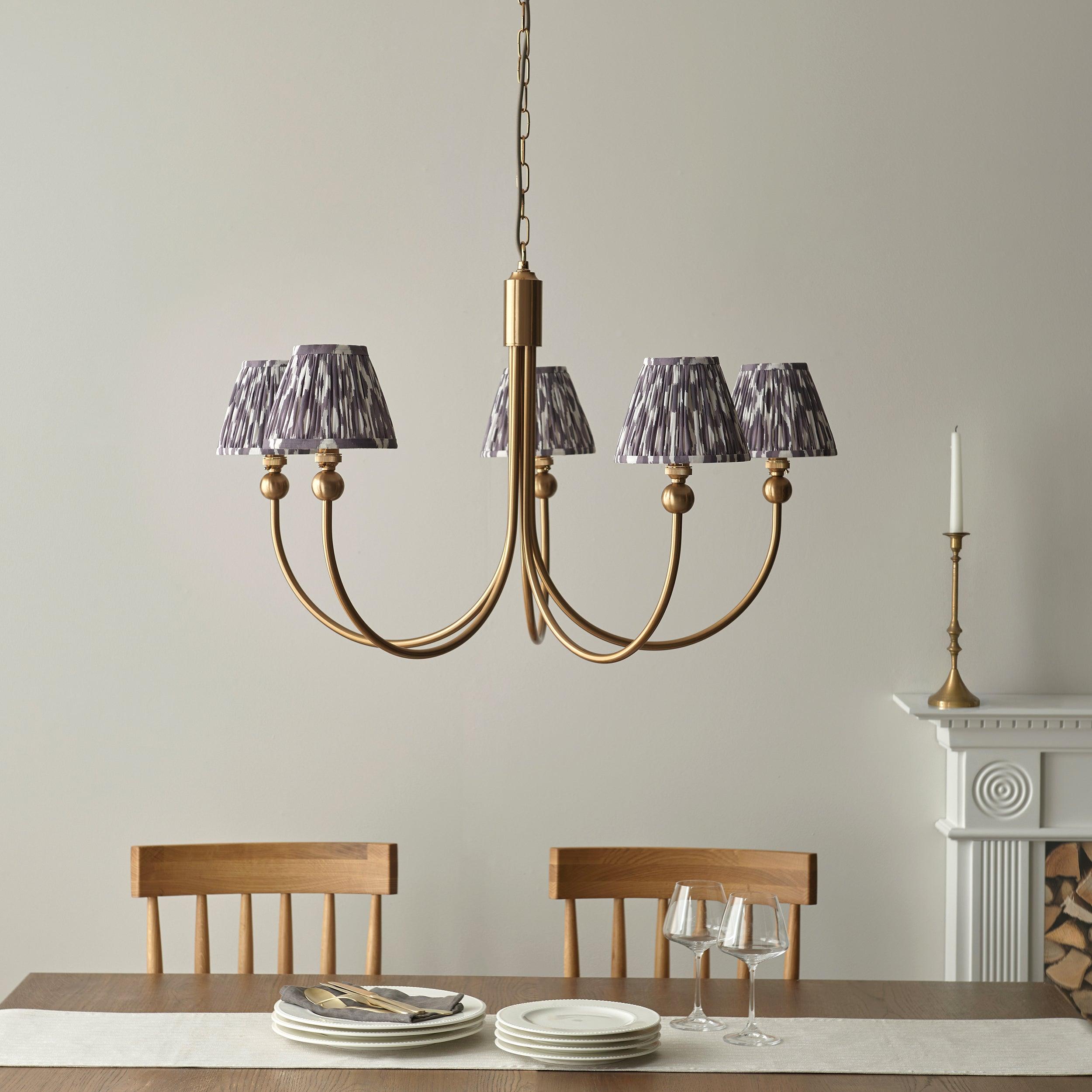 Santiago Brass Chandelier With Grey Ikat 16cm Shades