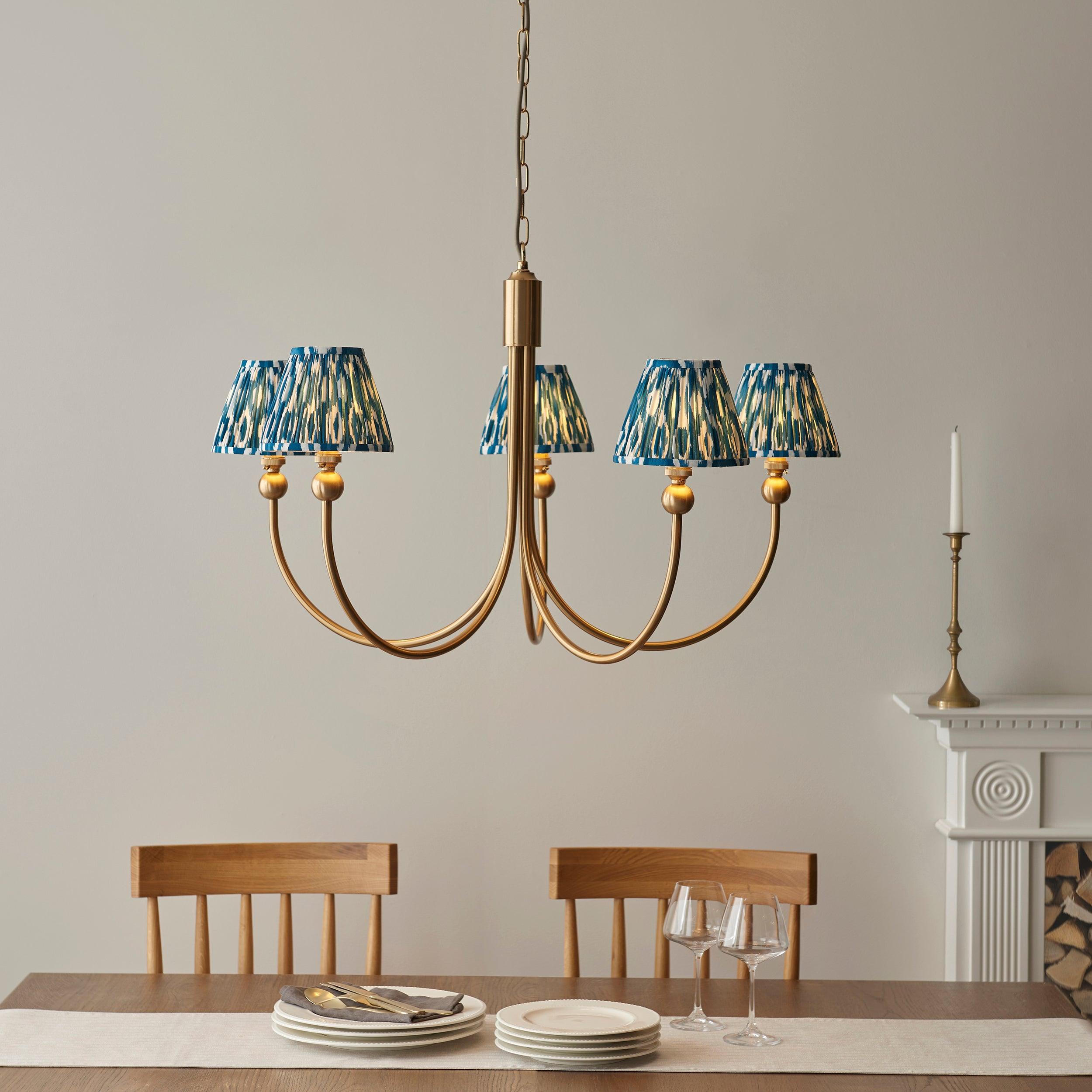Santiago Brass Chandelier With Blue Ikat 16cm Shades