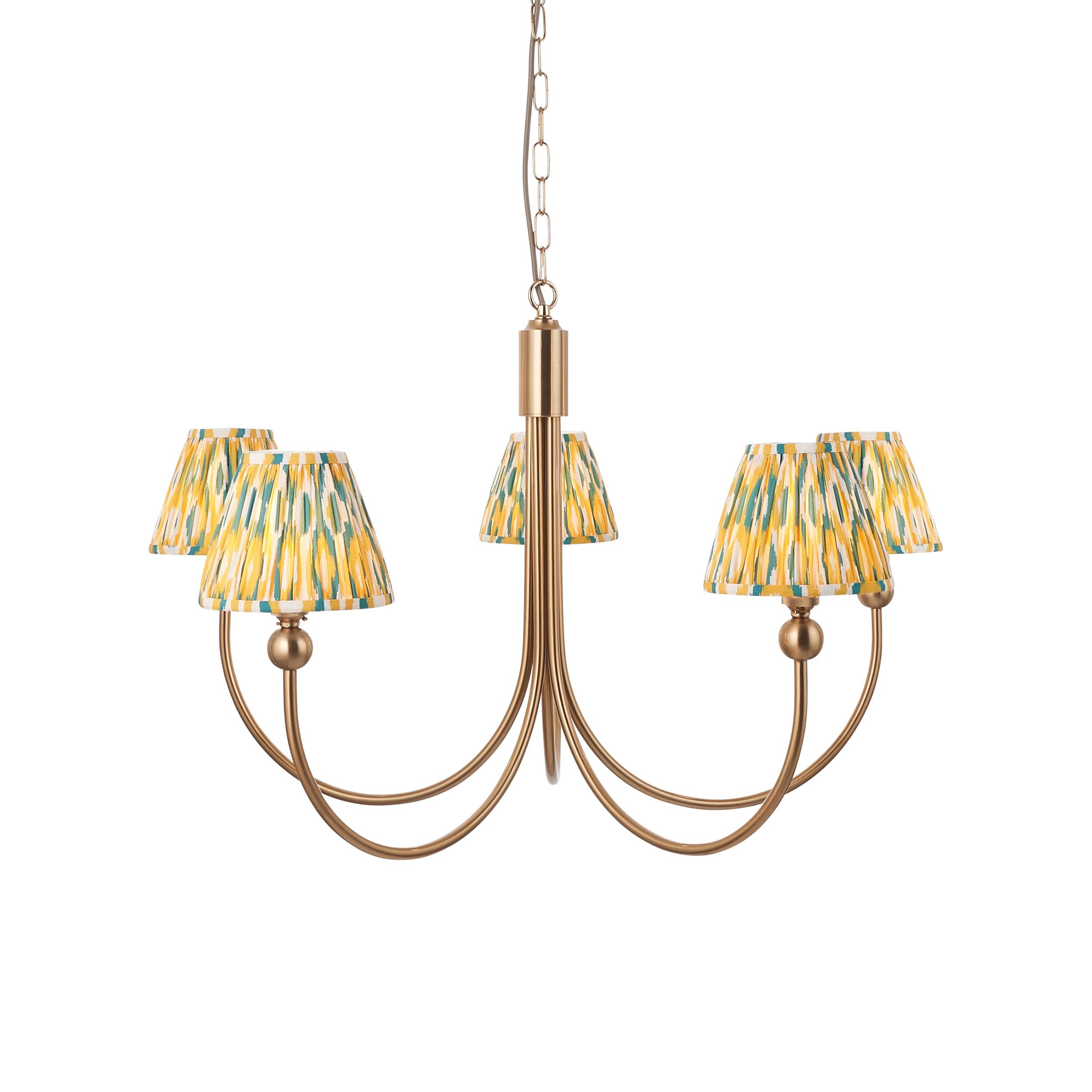 Santiago Brass Chandelier With Yellow & Jade Ikat 16cm Shades