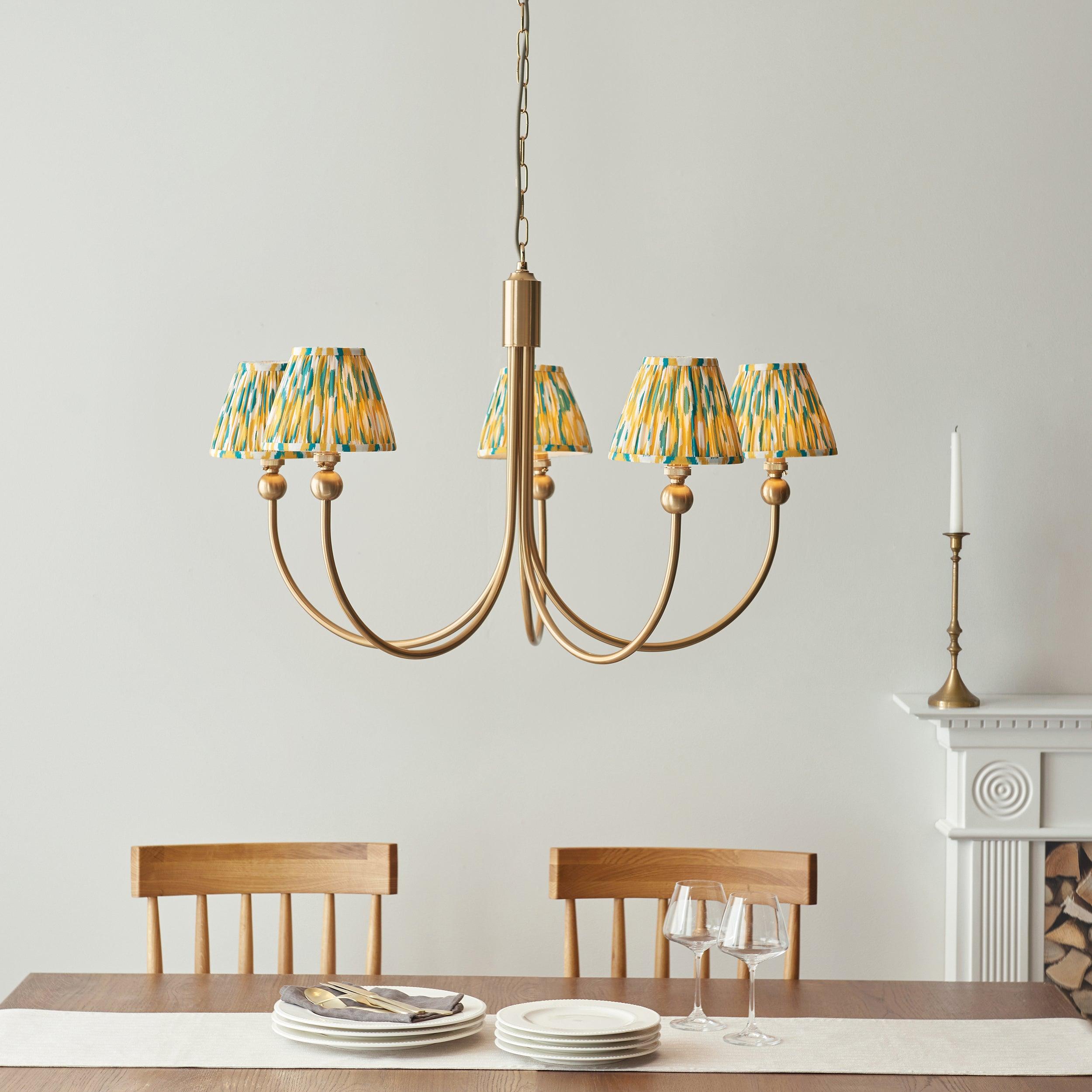 Santiago Brass Chandelier With Yellow & Jade Ikat 16cm Shades