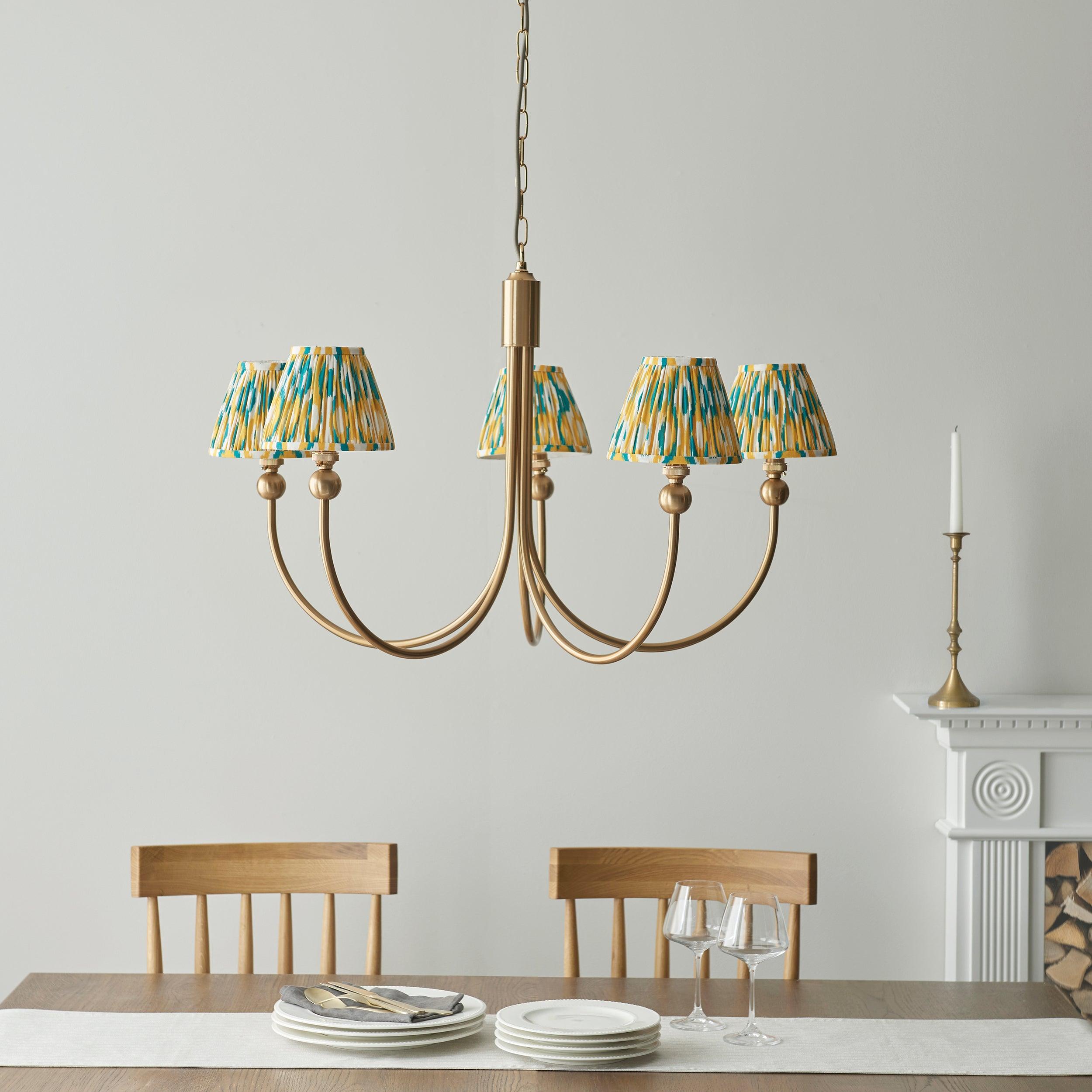 Santiago Brass Chandelier With Yellow & Jade Ikat 16cm Shades