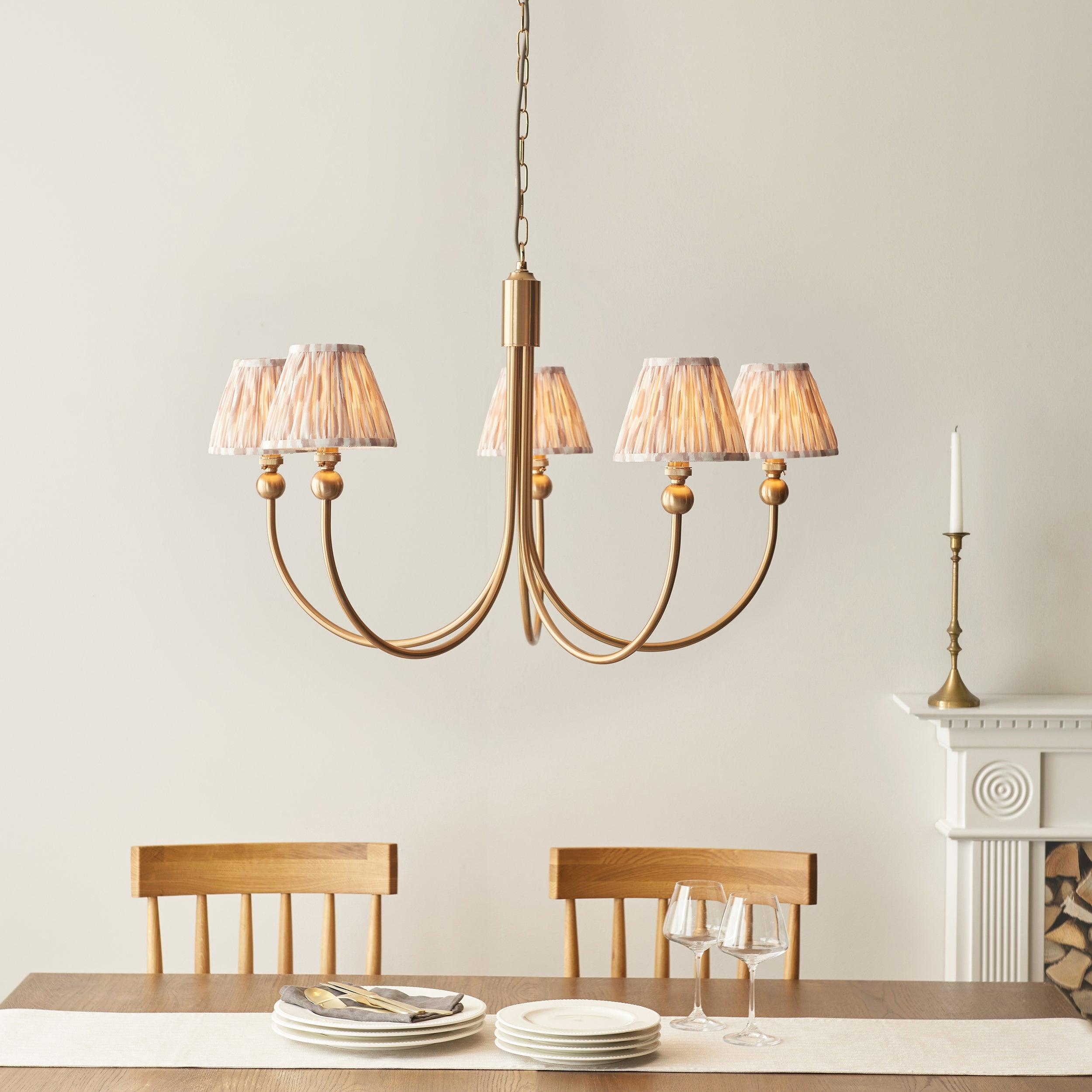 Santiago Brass Chandelier With Neutral Ikat 16cm Shades