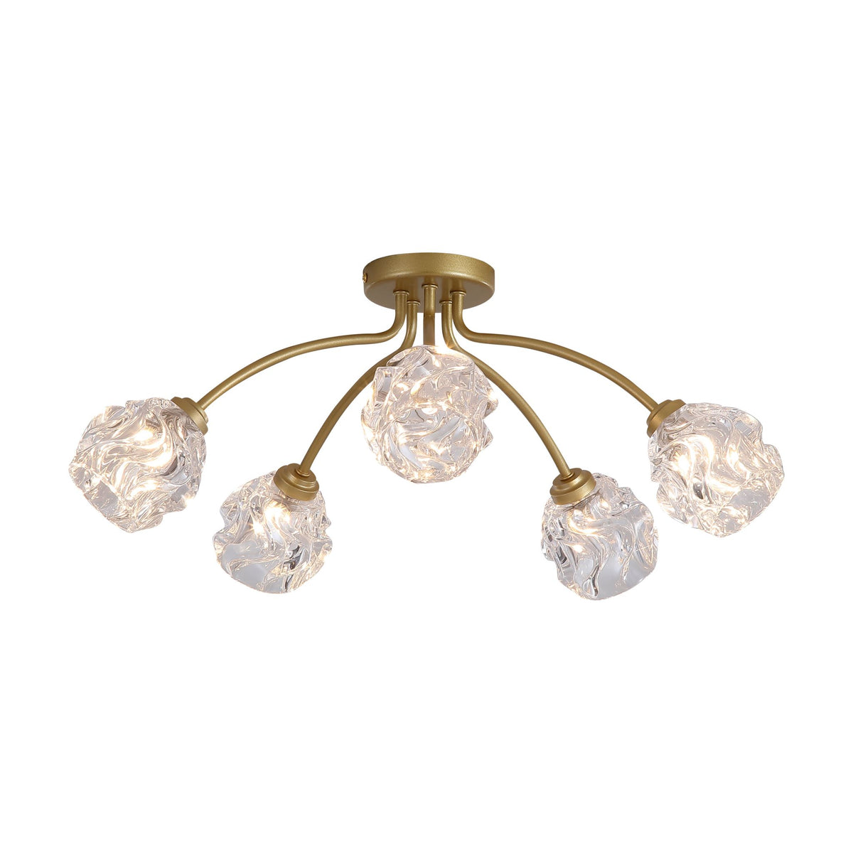 Astral 5-light flush ceiling light lit with textured clear glass globes on gold arms