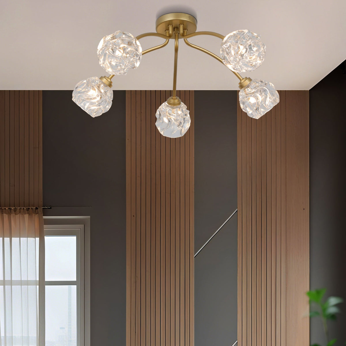 Astral gold ceiling light in a hallway with slatted wood panelling and pink curtain