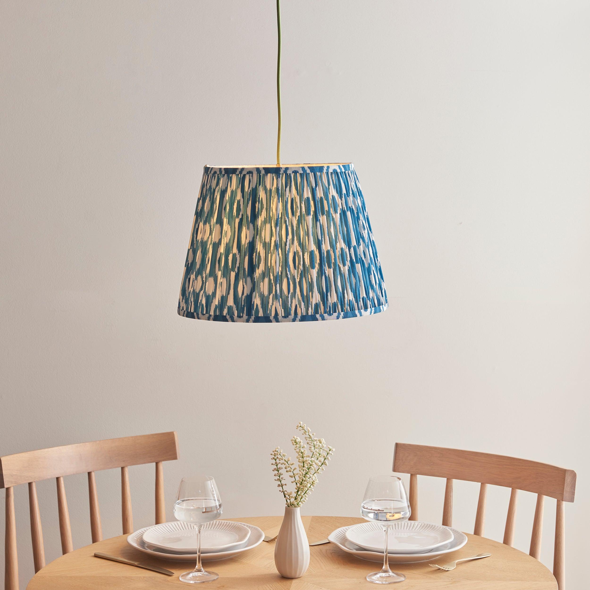Eltham Ceiling Pendant Light With Green Flex and Blue Ikat 40cm Shade