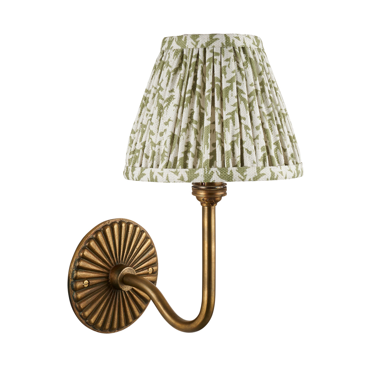 Dahlia Swan brass wall light with green foliage pleated shade, studio shot on white background