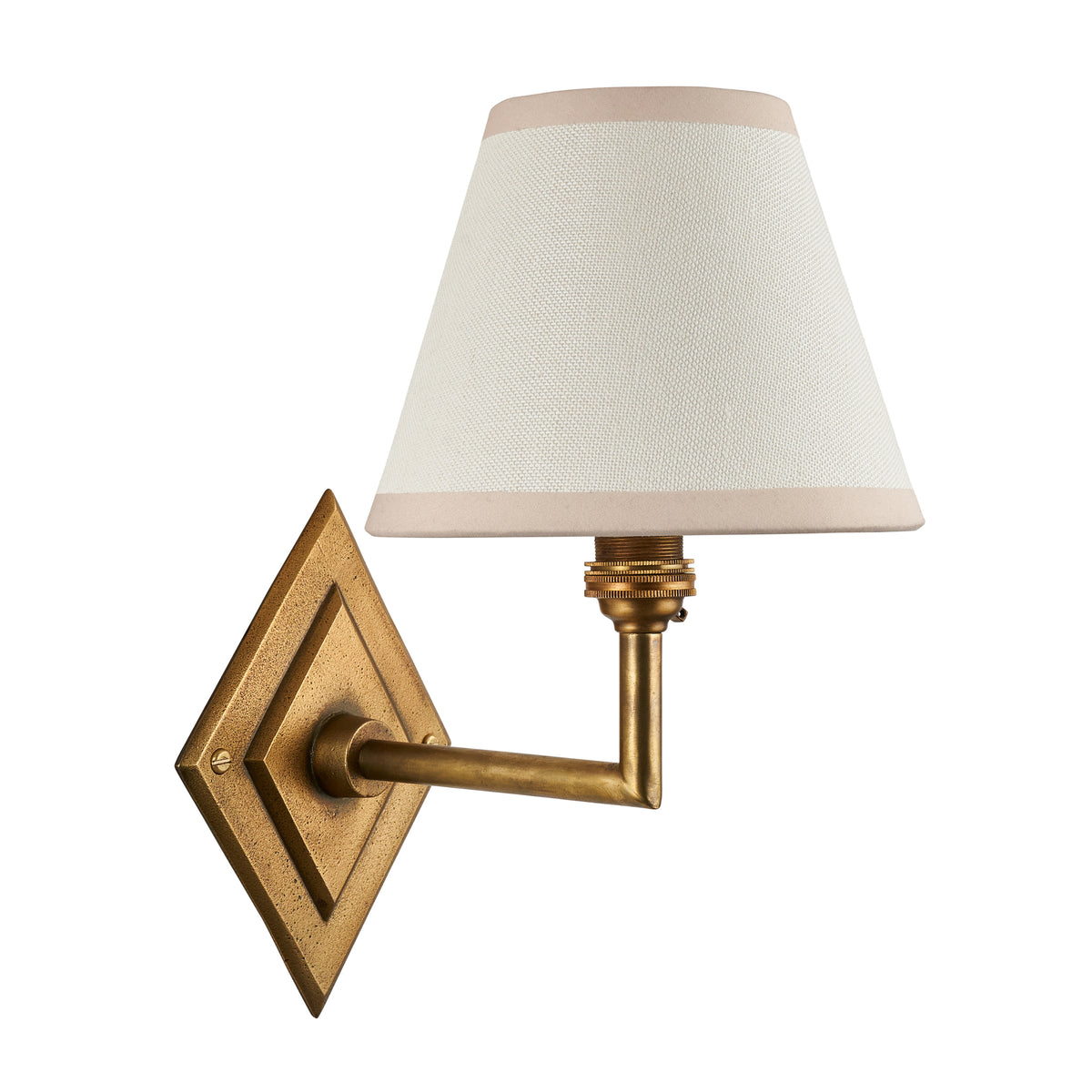 Diamond Angle & Ivy antique brass wall light with white tapered shade, unlit studio view