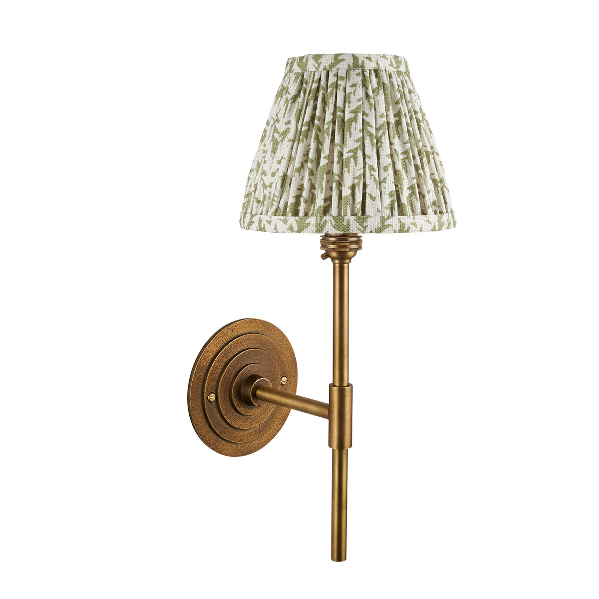 Halo antique brass wall light with green leaf pleated shade, unlit studio view