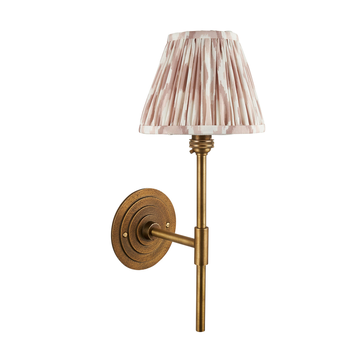 Halo Tall antique brass wall light paired with a natural ikat pleated shade, product view