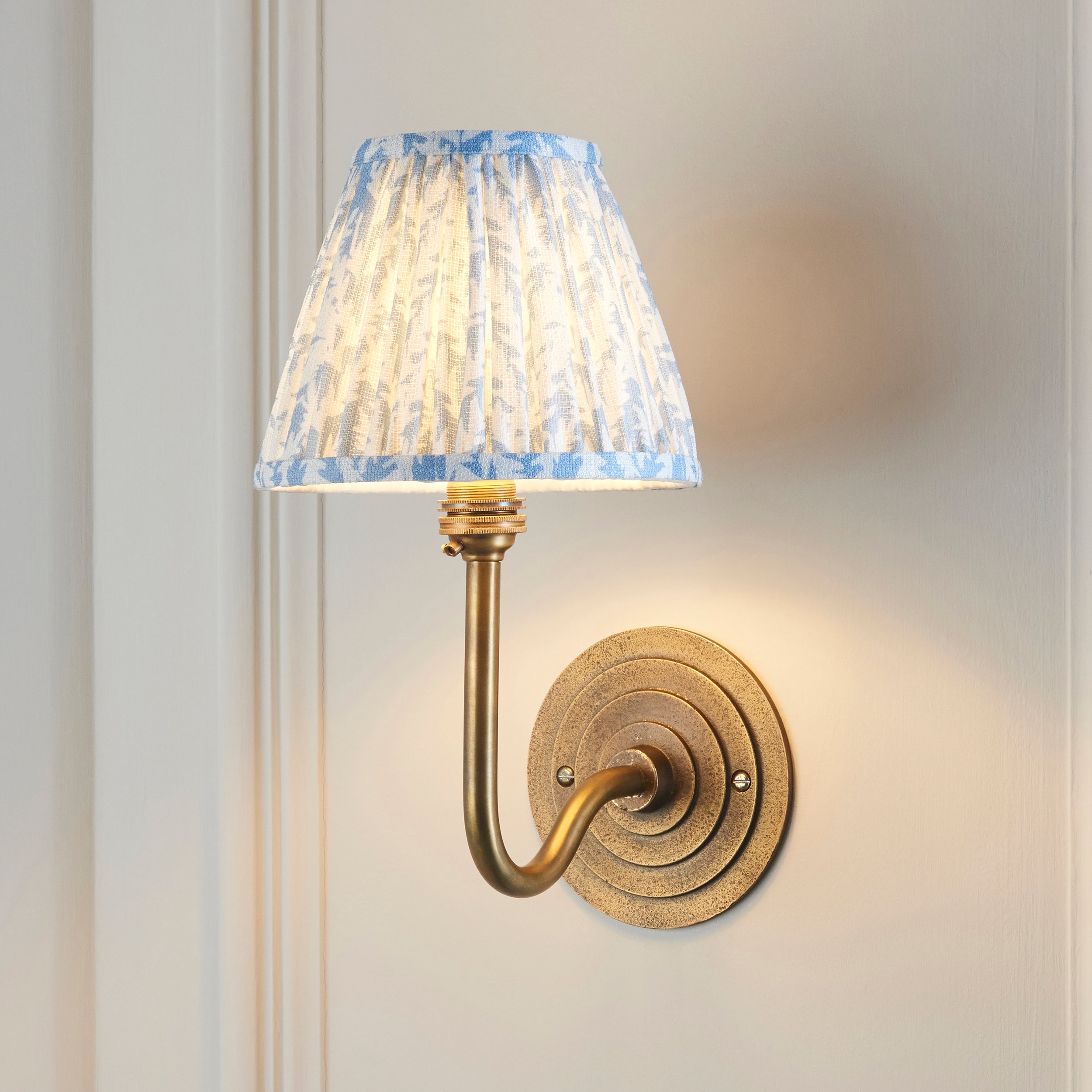 Halo Swan Brass Wall Light & Baby Blue Leaf 16cm Shade