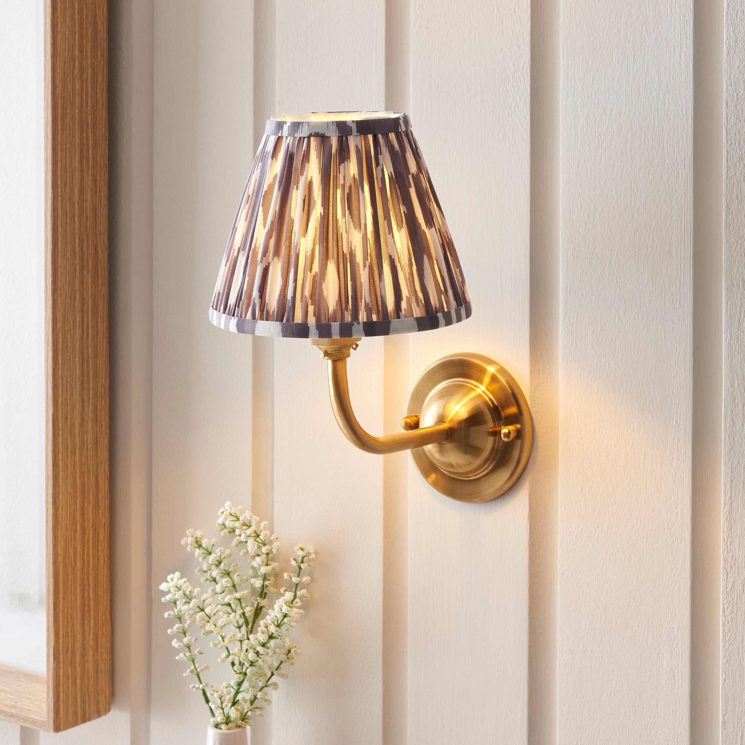 Dome Arc Brass Wall Light & Ikat 16cm Pearl Grey Shade