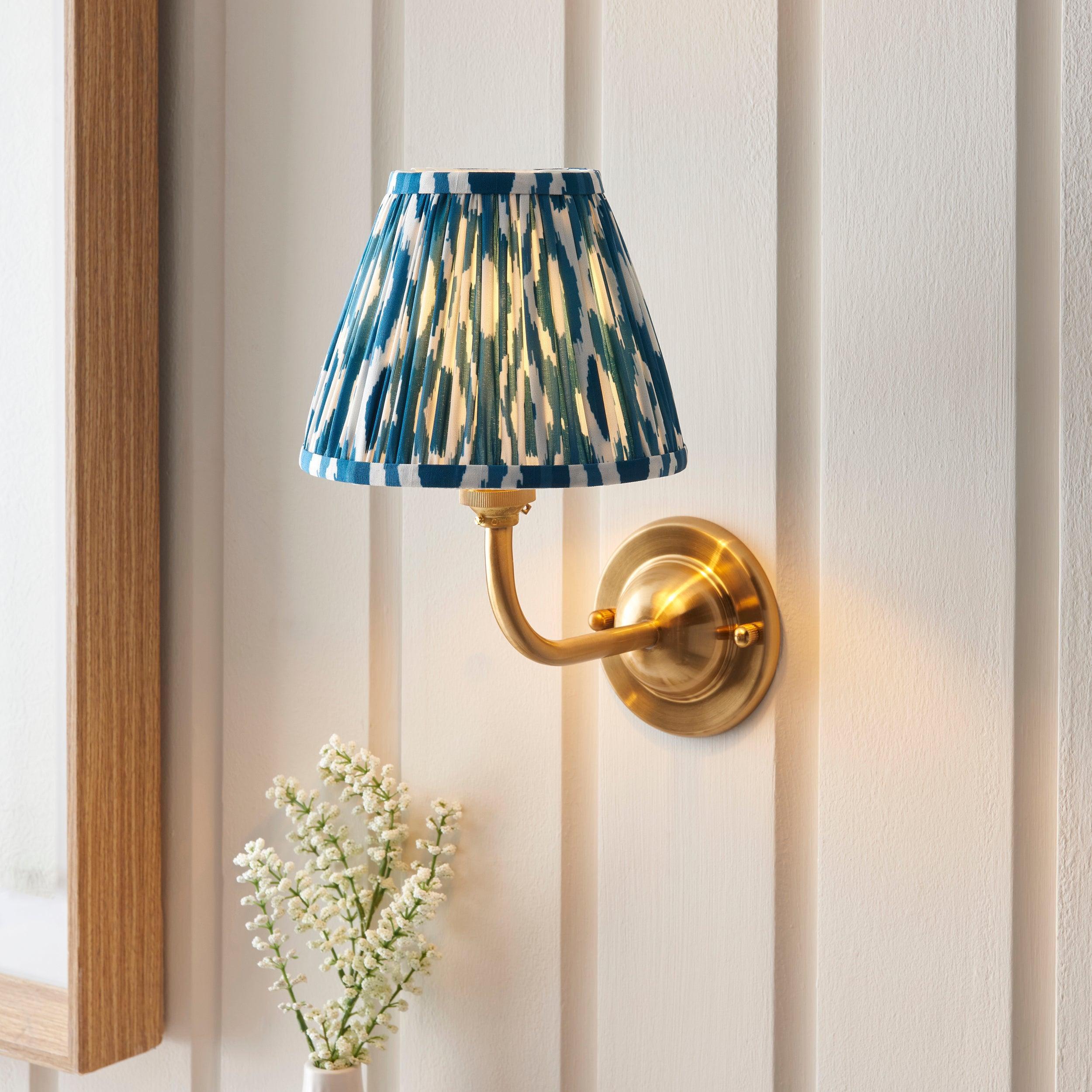 Dome Arc Brass Wall Light & Ikat 16cm Marlin Blue Shade