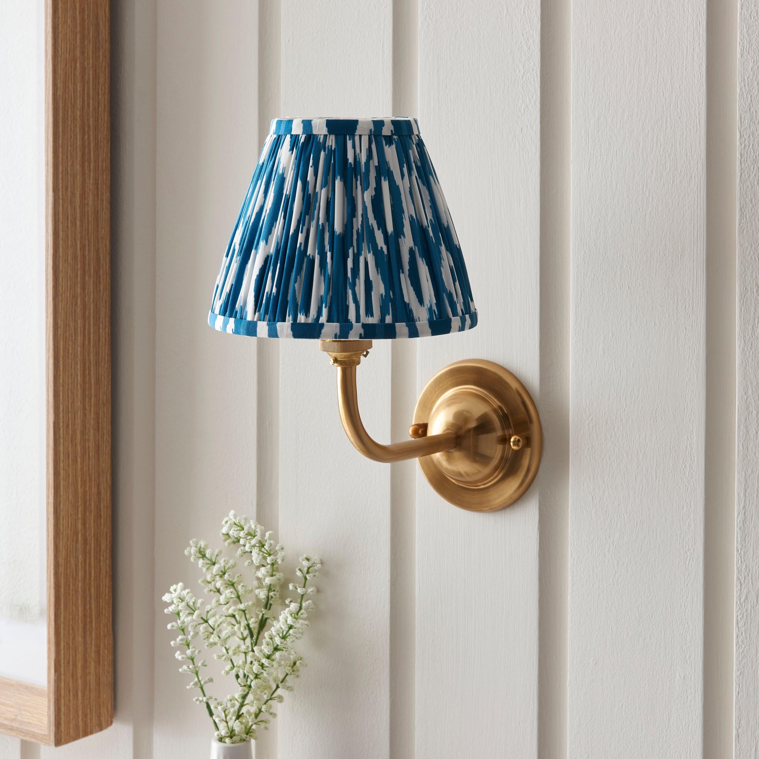 Dome Arc Brass Wall Light & Ikat 16cm Marlin Blue Shade