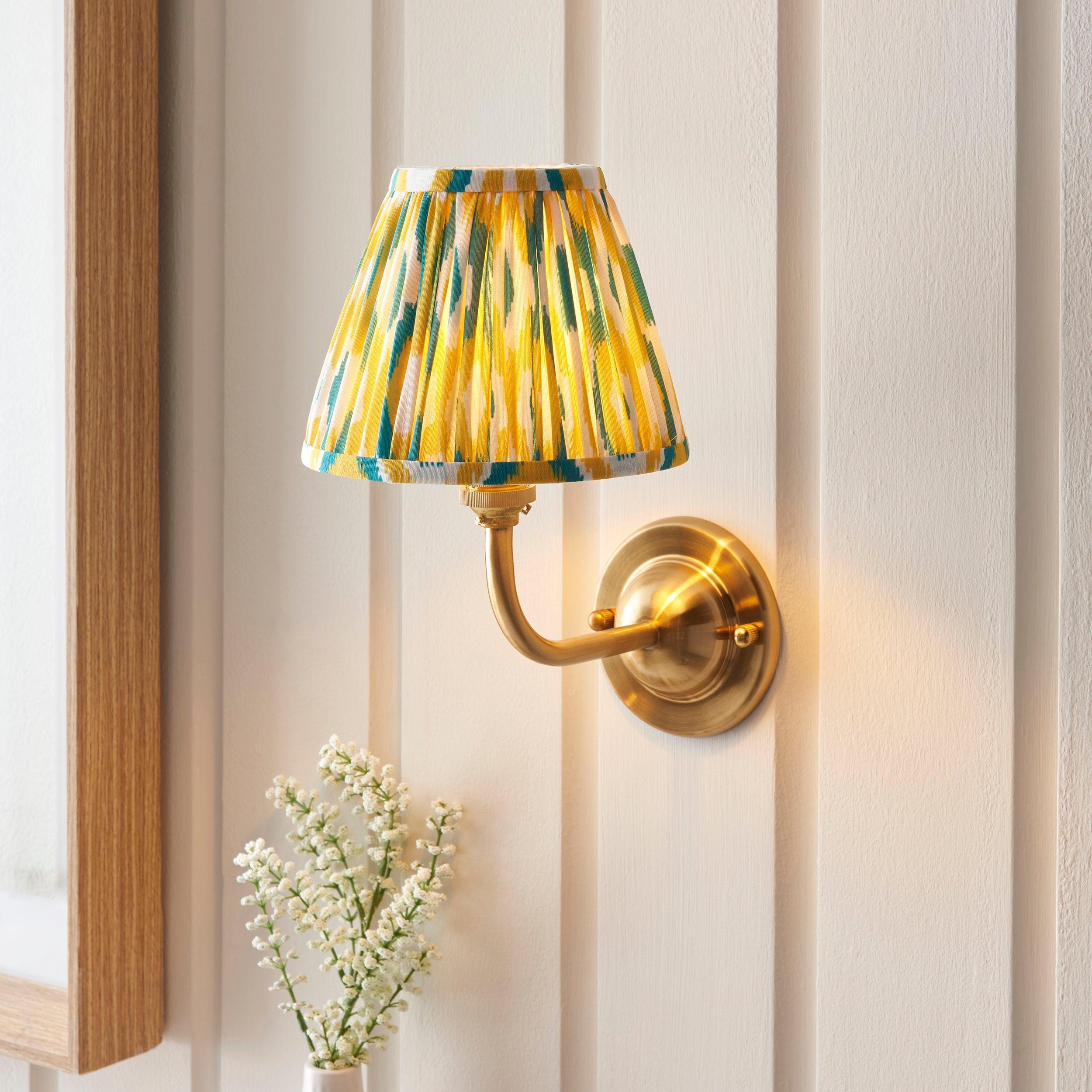 Dome Arc Brass Wall Light & Ikat 16cm Yellow & Jade Shade