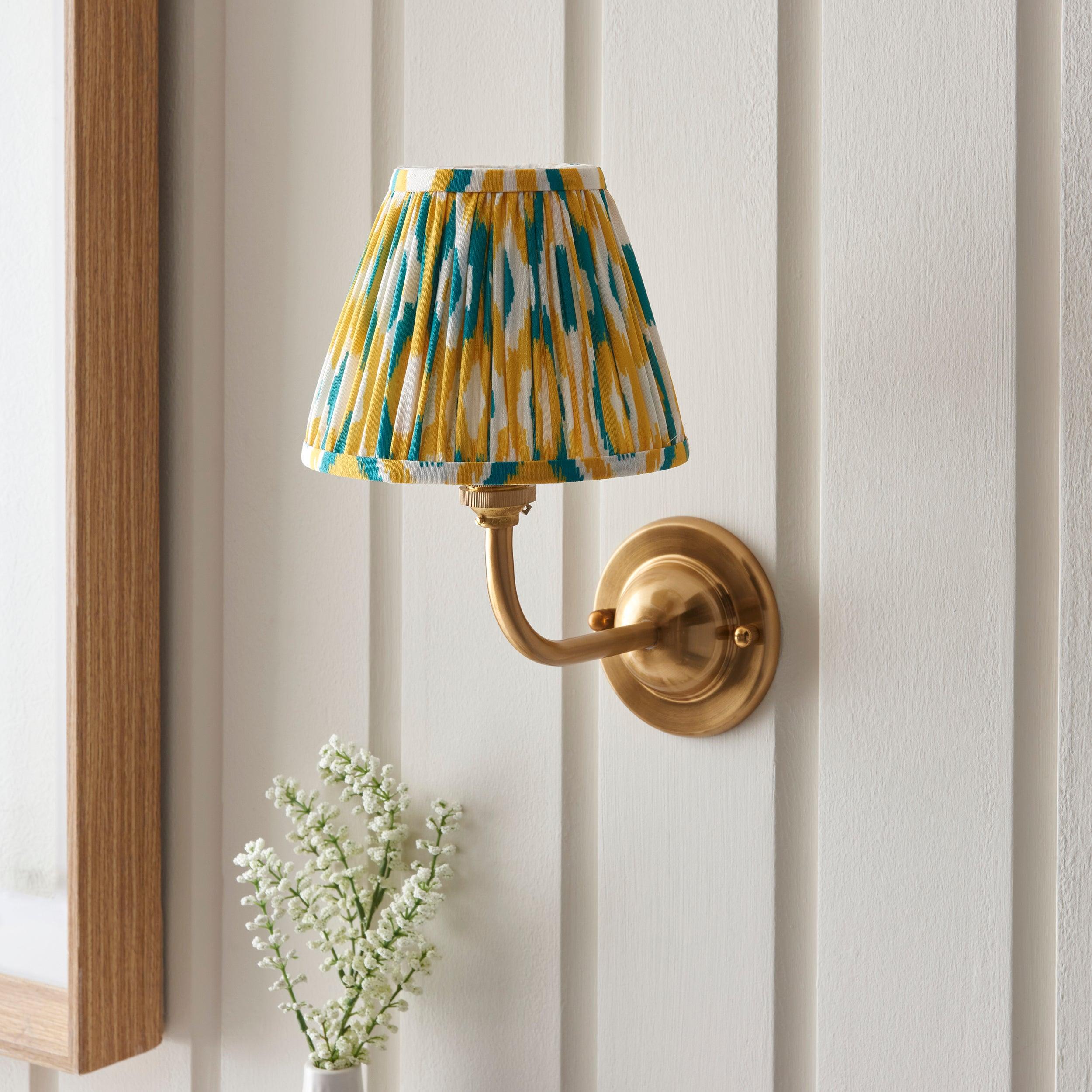 Dome Arc Brass Wall Light & Ikat 16cm Yellow & Jade Shade